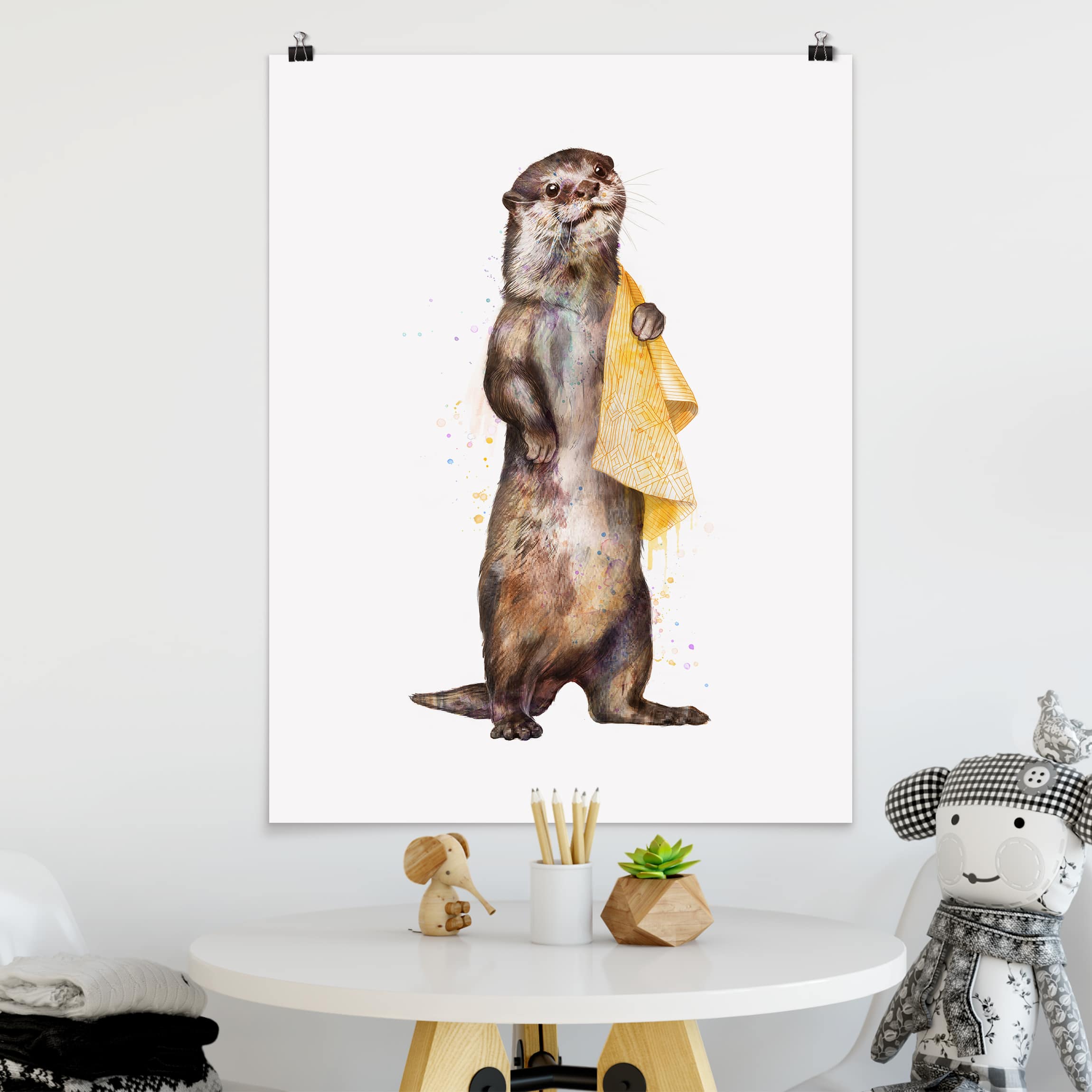 Poster - Hochformat Illustration Otter mit Handtuch Malerei Weiß