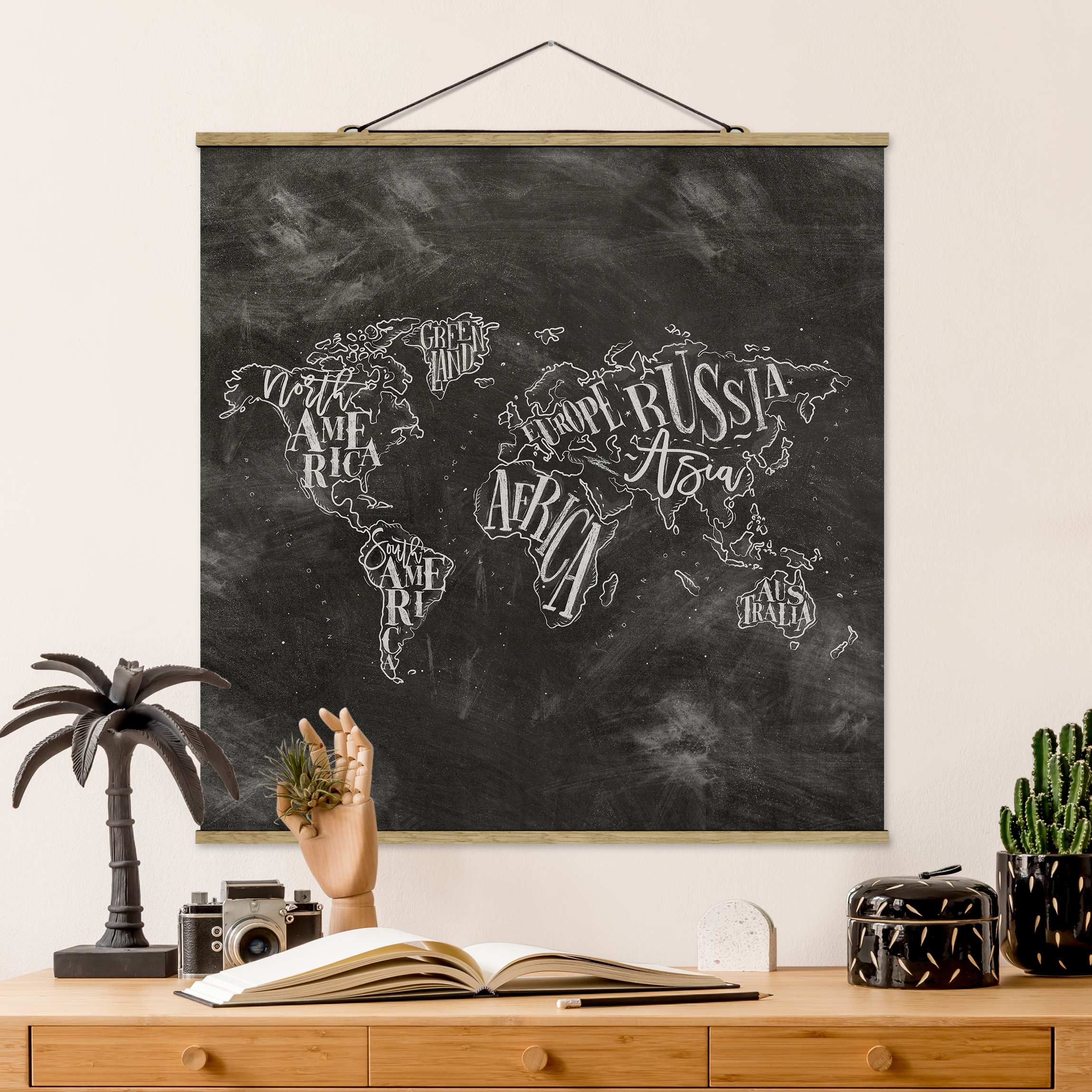 Stoffbild - Quadrat Kreide Weltkarte
