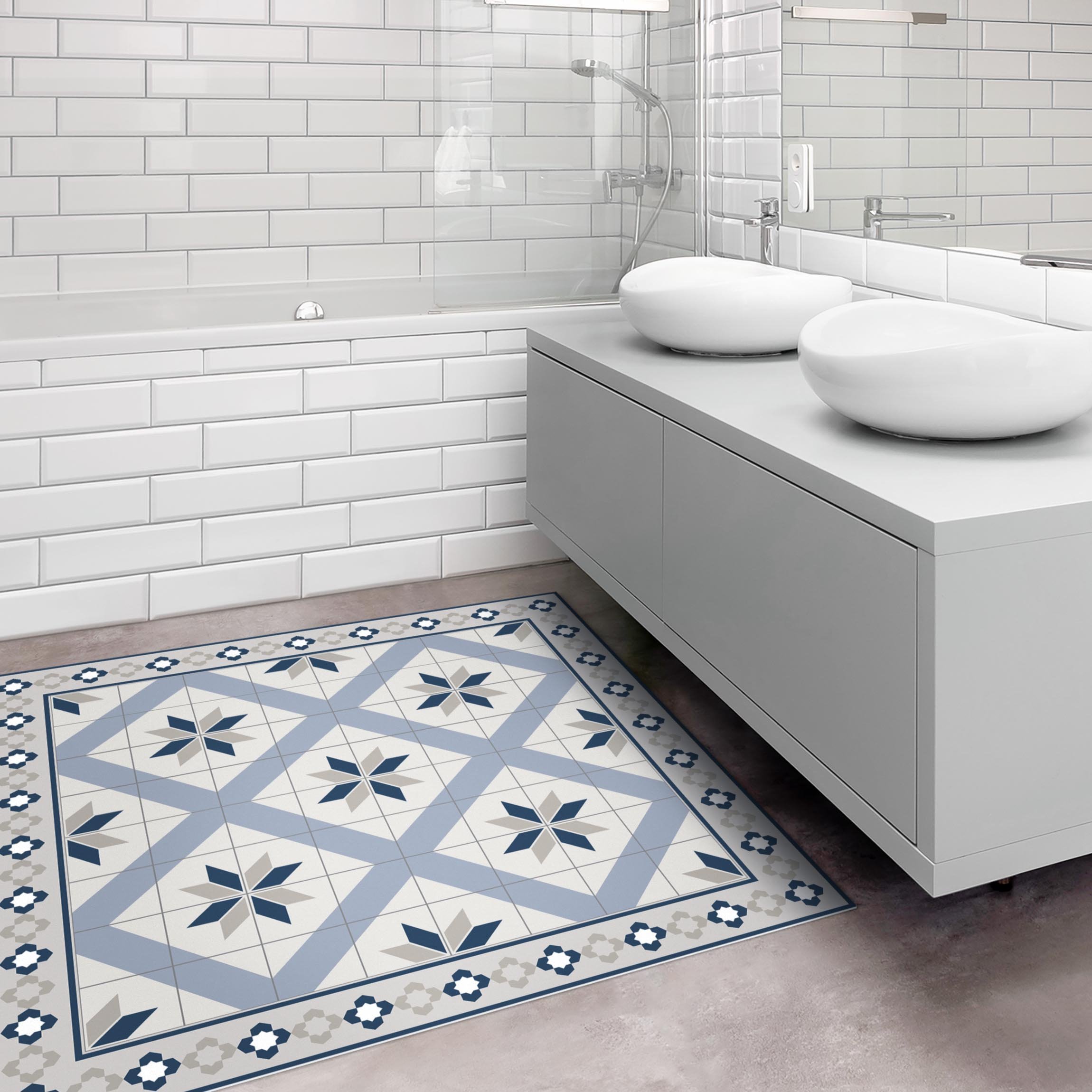 Vinylteppich Geometrische Fliesen Rautenblüte Taubenblau mit Bordüre