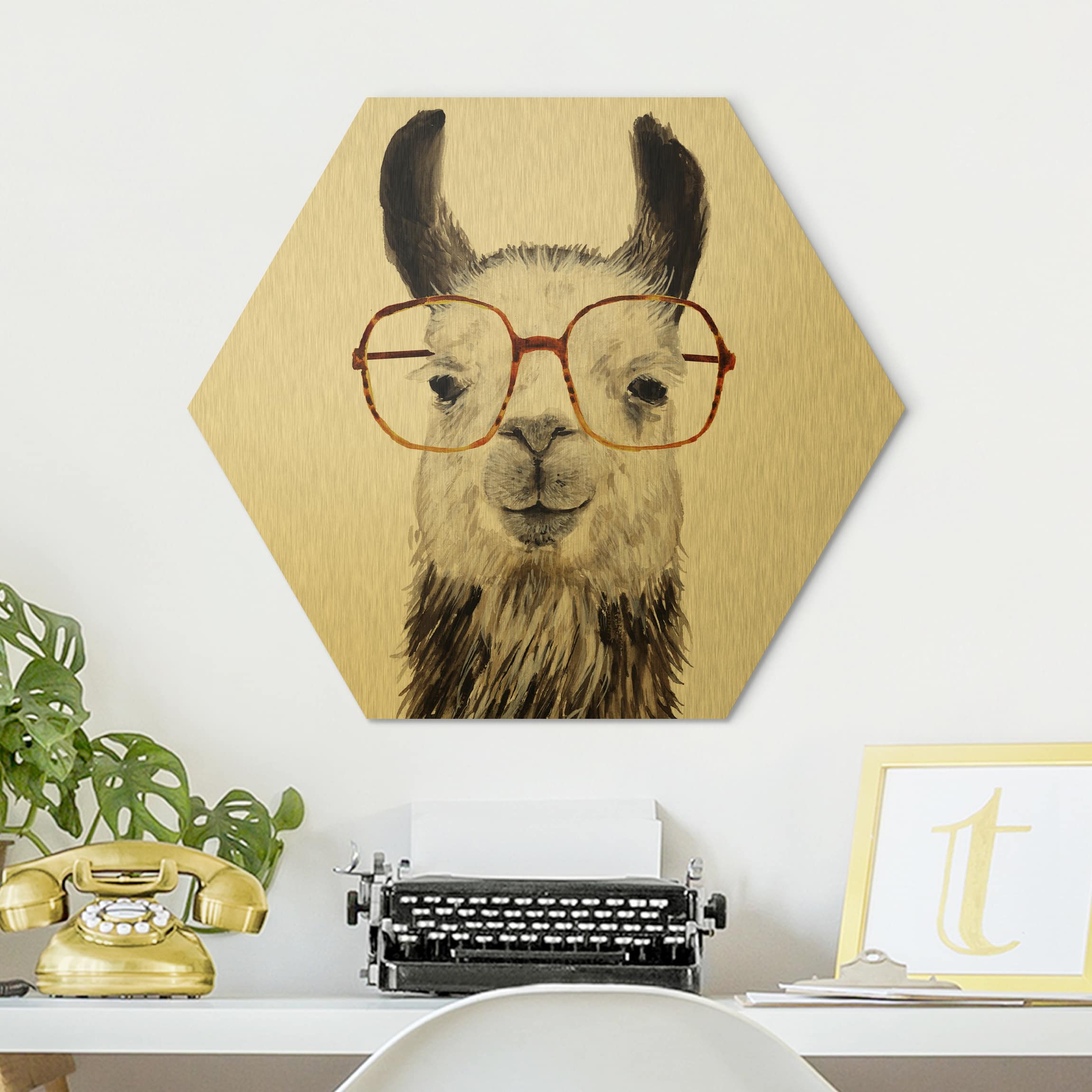 Hexagon-Alu-Dibond Bild Hippes Lama mit Brille IV