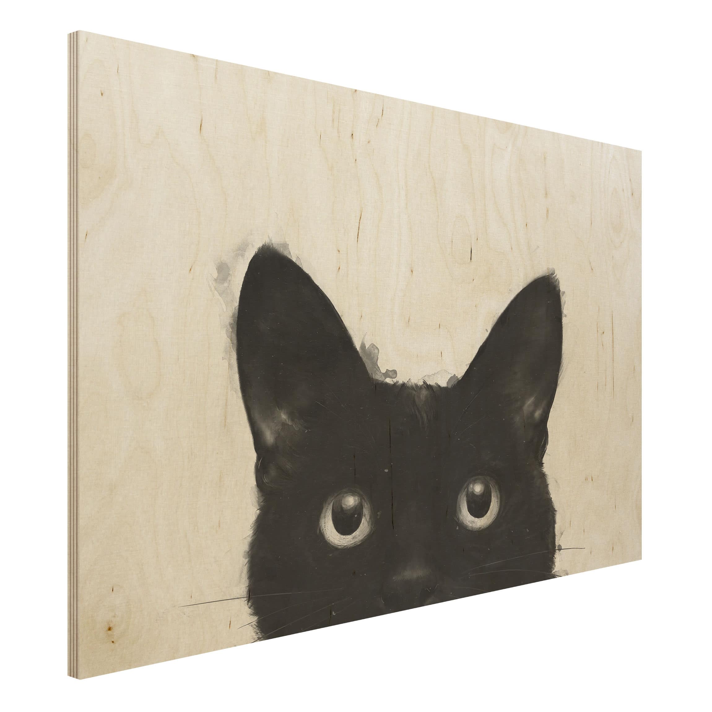 Holzbild - Querformat 3:2 Illustration Schwarze Katze auf Weiß Malerei