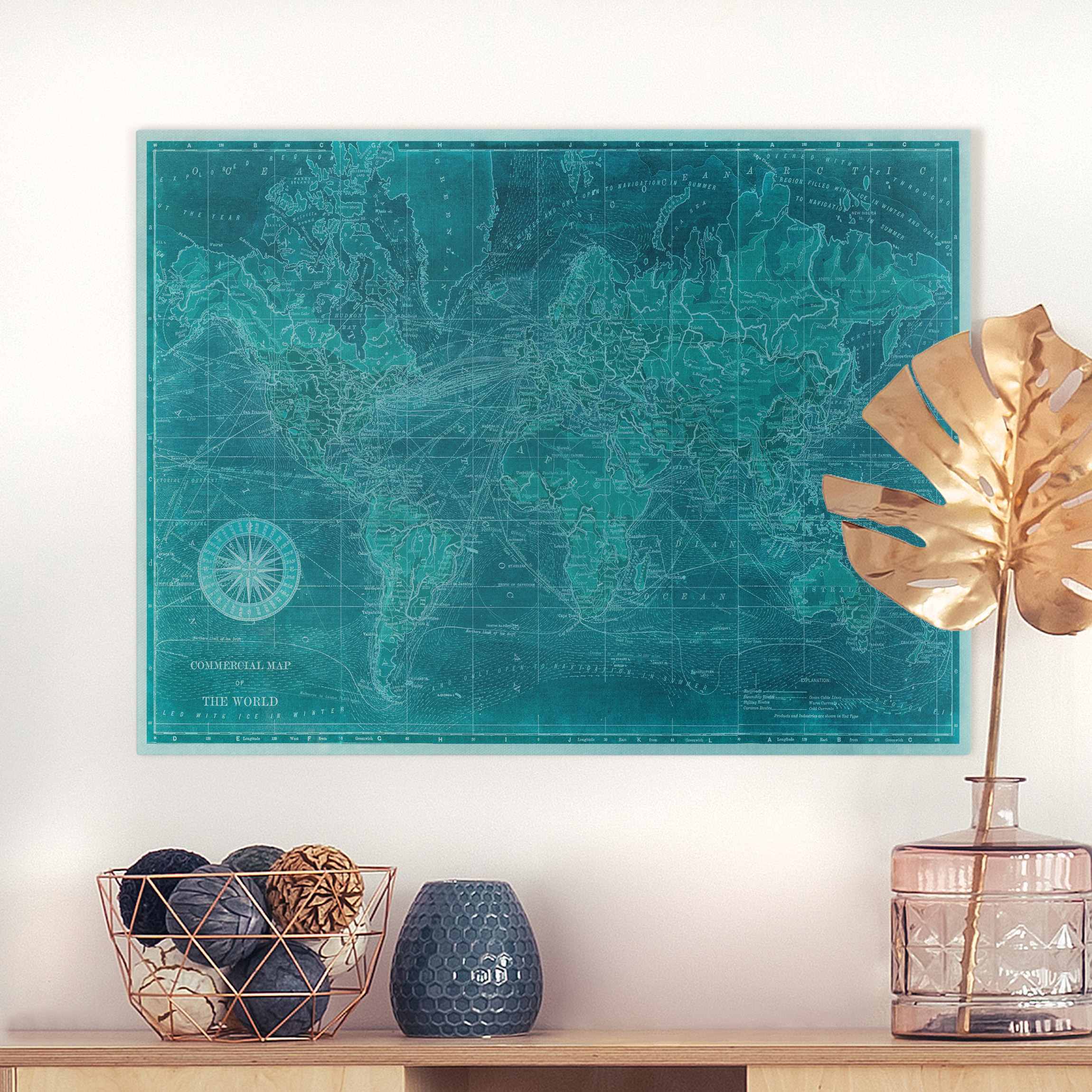 Leinwandbild Vintage Weltkarte Azurblau