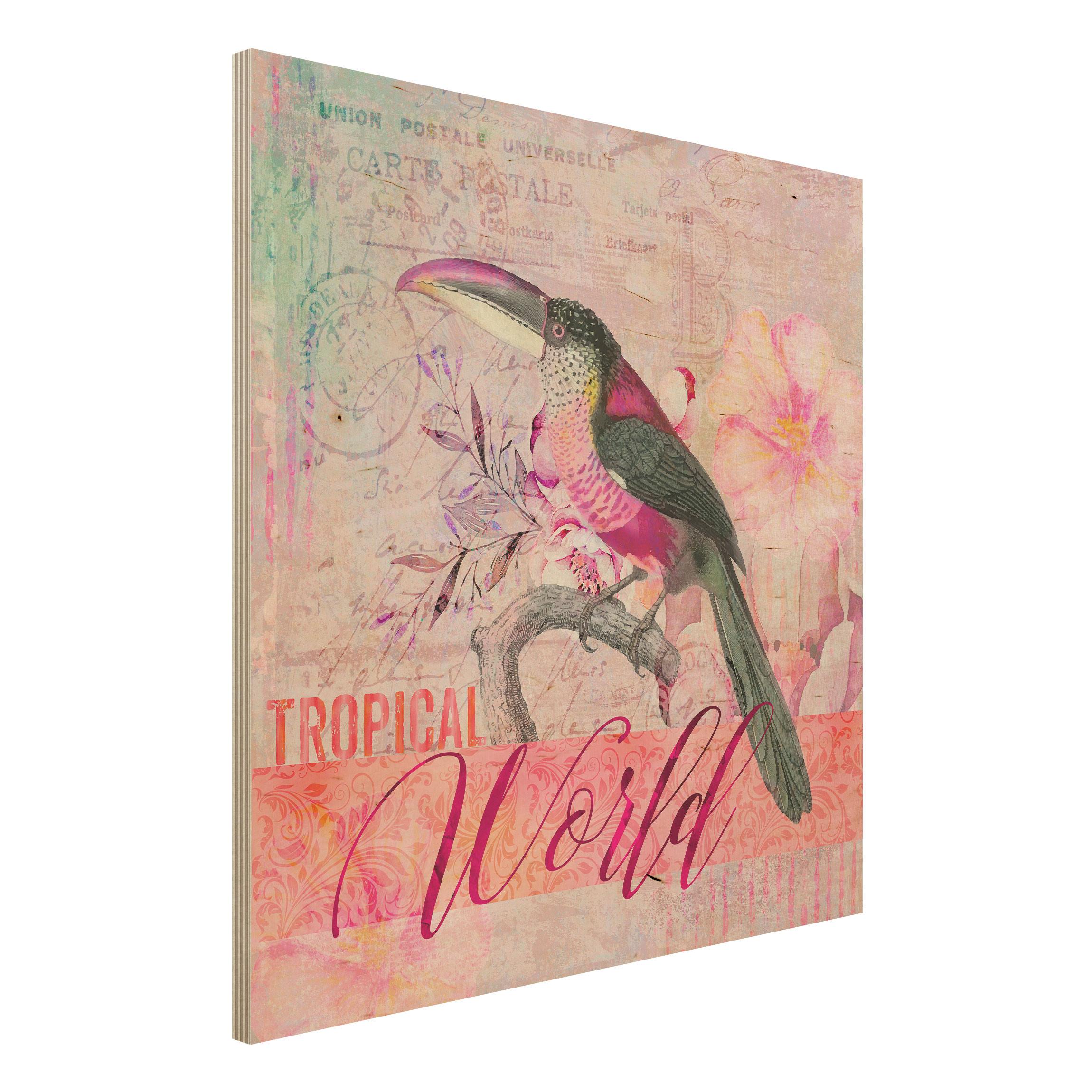 Holzbild Vintage Collage - Tropical World Tucan