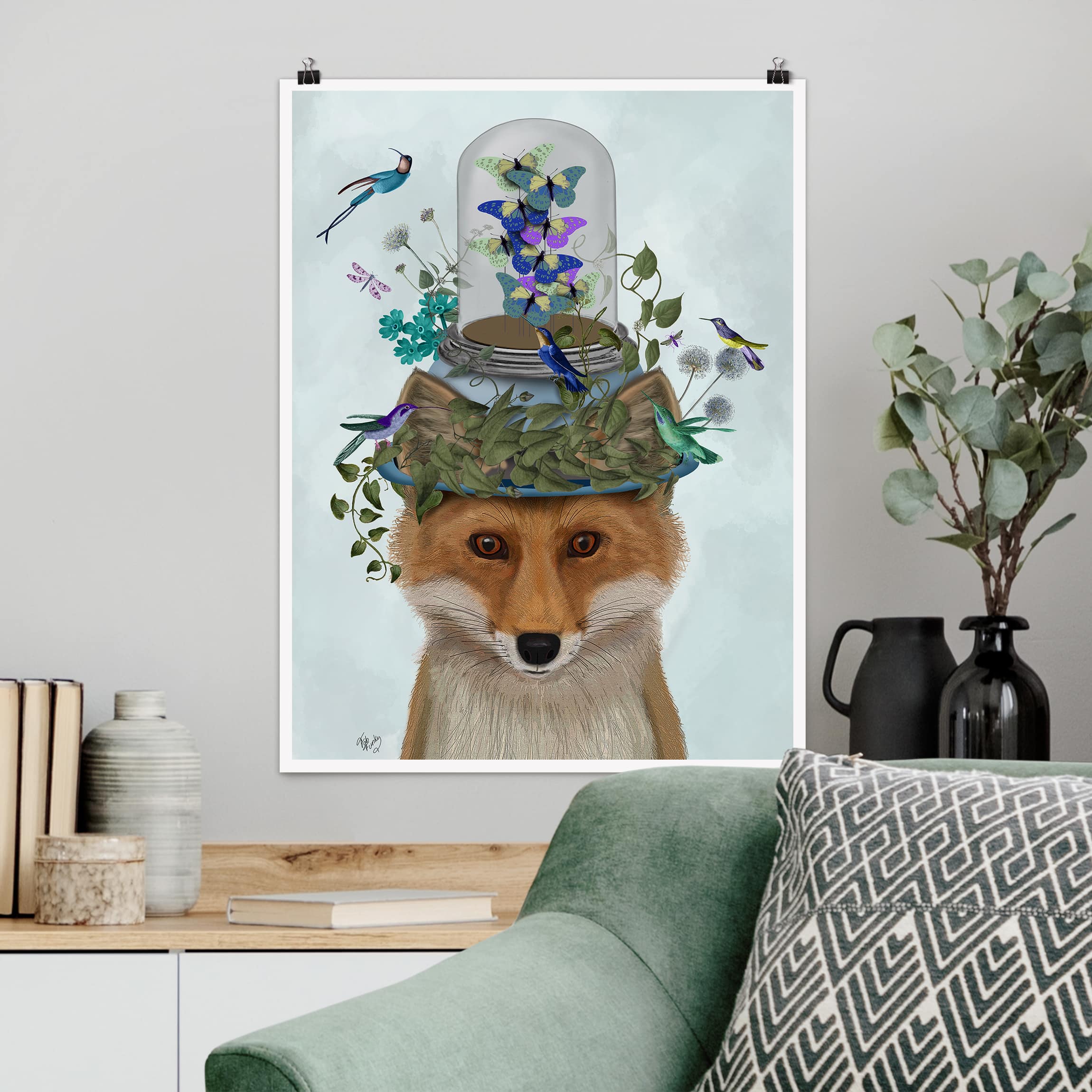 Poster Tiere Fuchs mit Schmetterlingshut