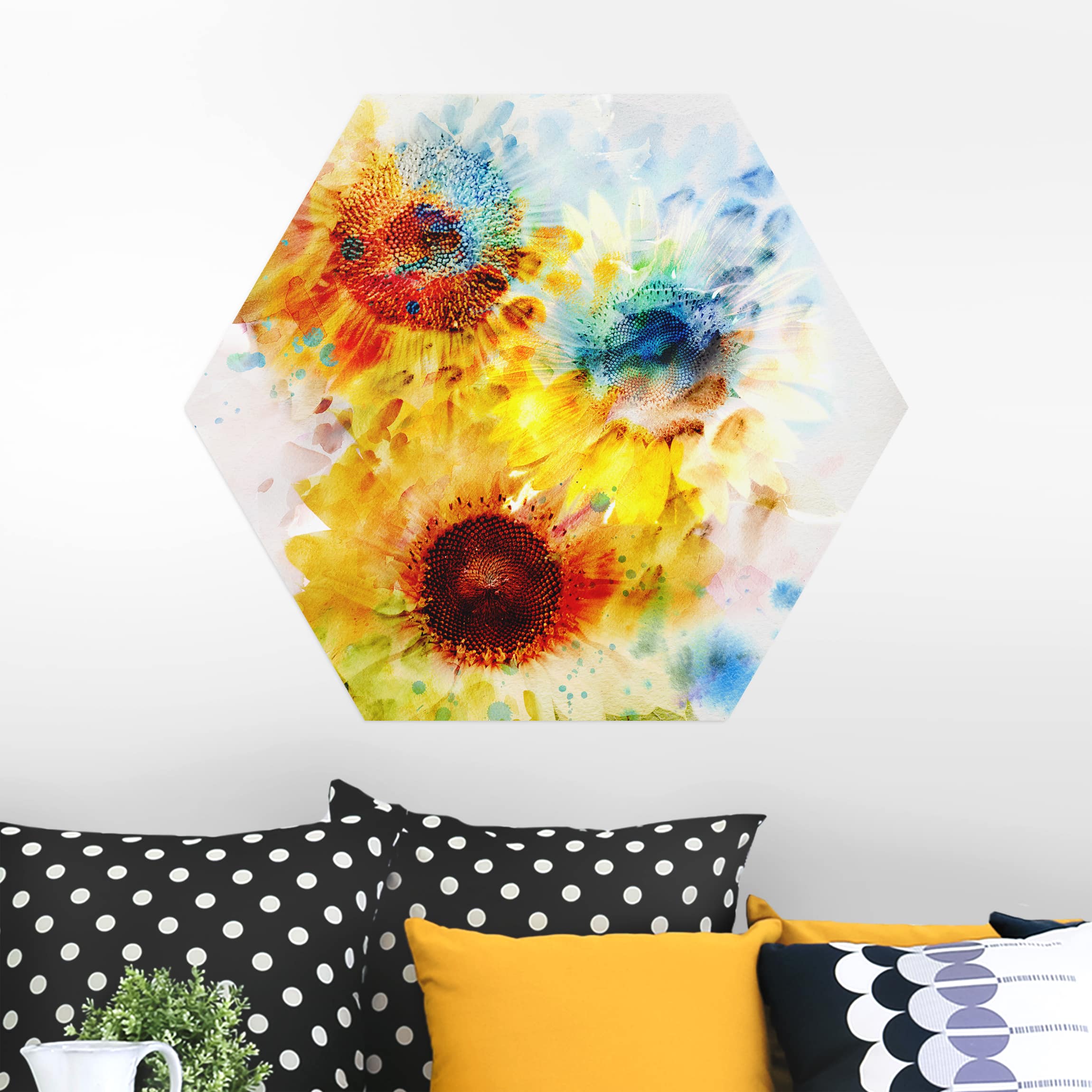 Hexagon-Alu-Dibond Bild Aquarell Blumen Sonnenblumen