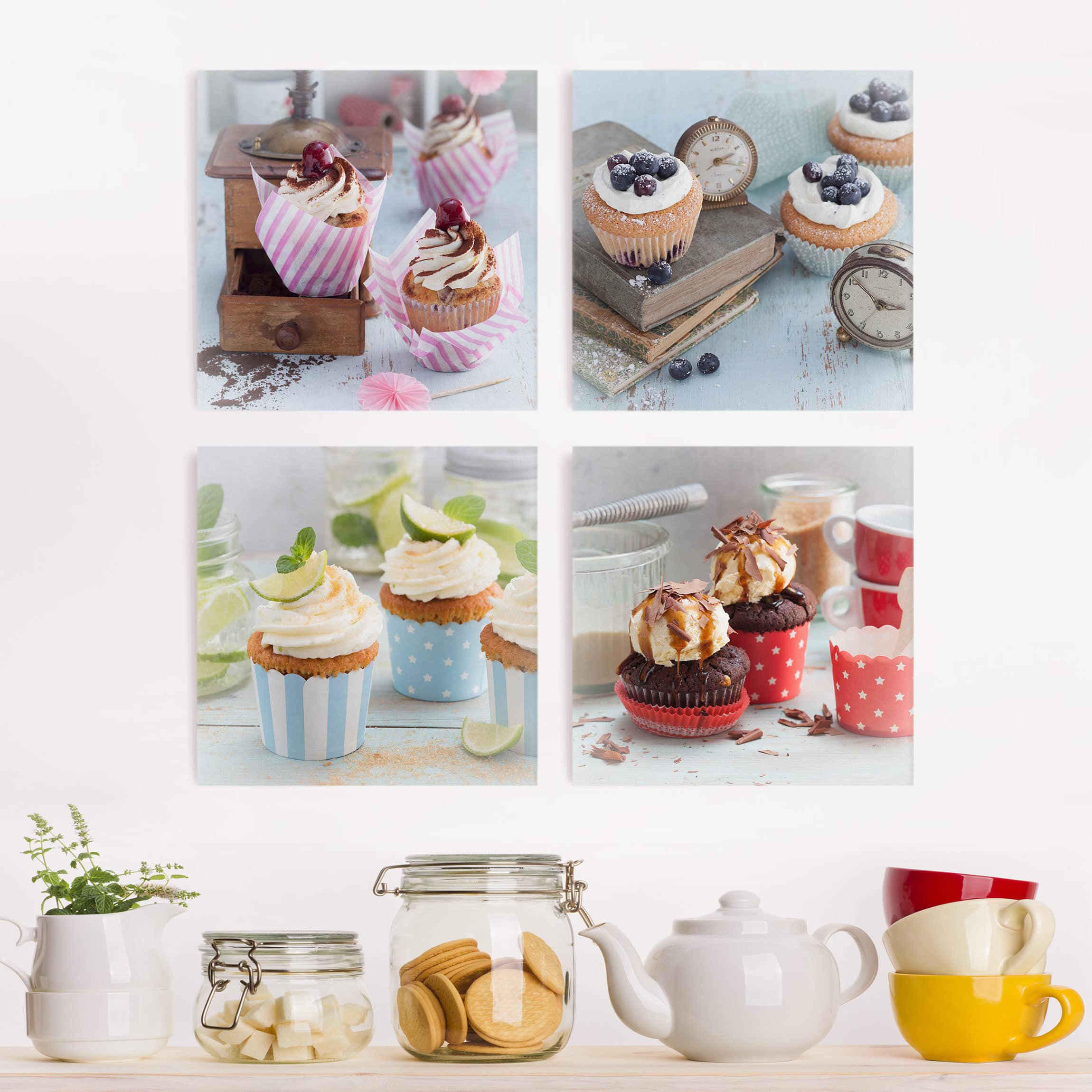 4-teiliges Leinwandbild Küche Vintage Cupcakes mit Topping