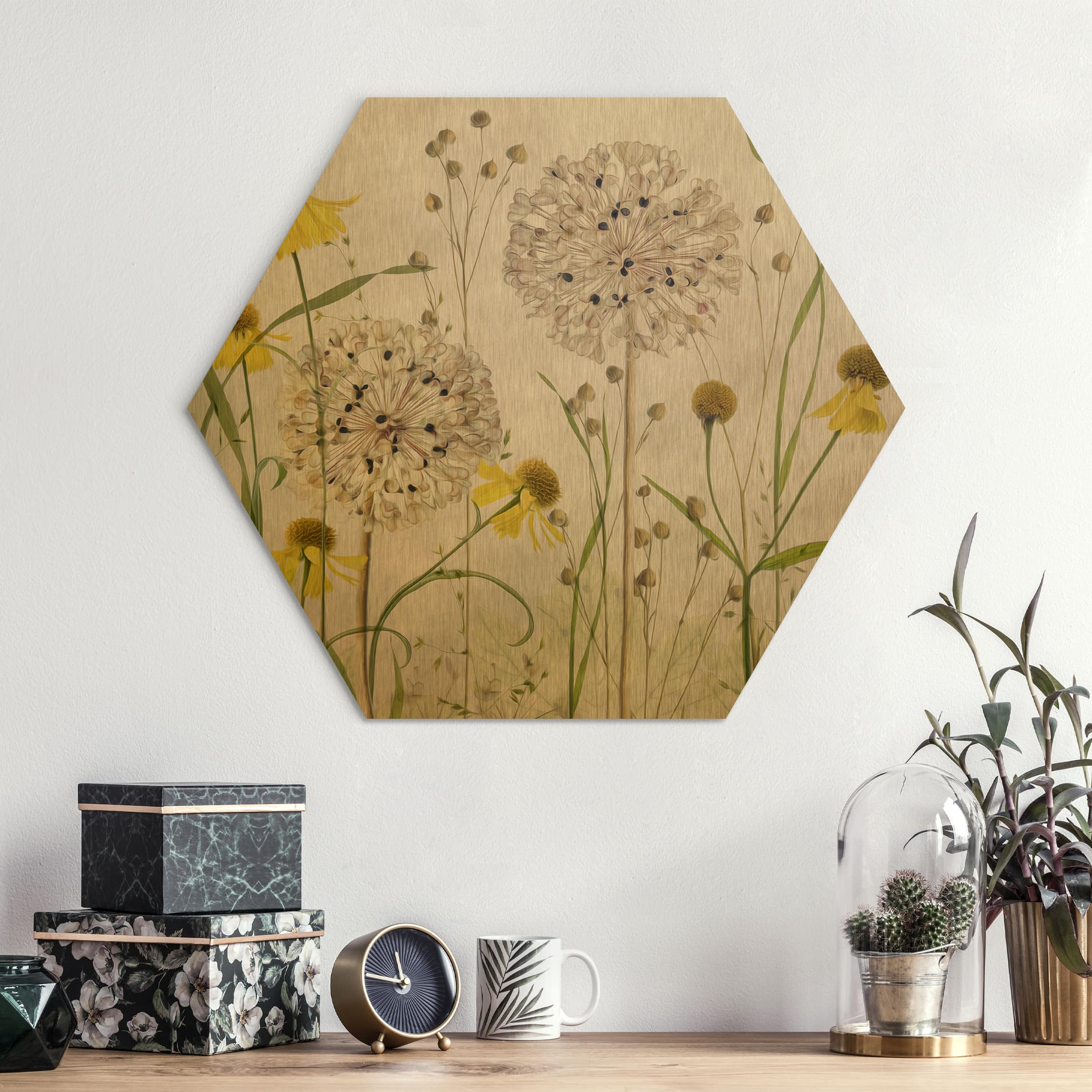 Hexagon-Alu-Dibond Bild Allium und Helenium Illustration