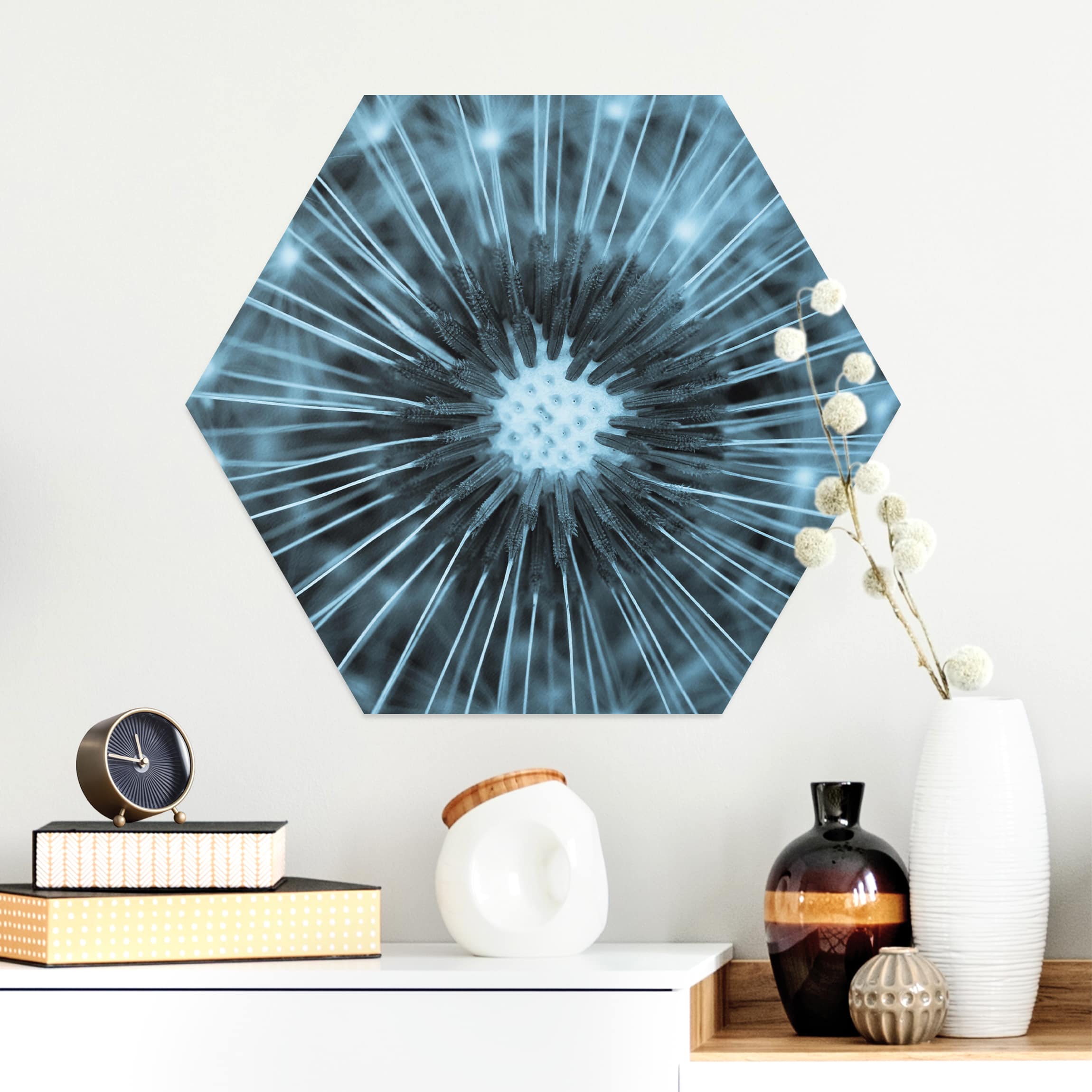 Hexagon-Alu-Dibond Bild Blau getönte Pusteblume