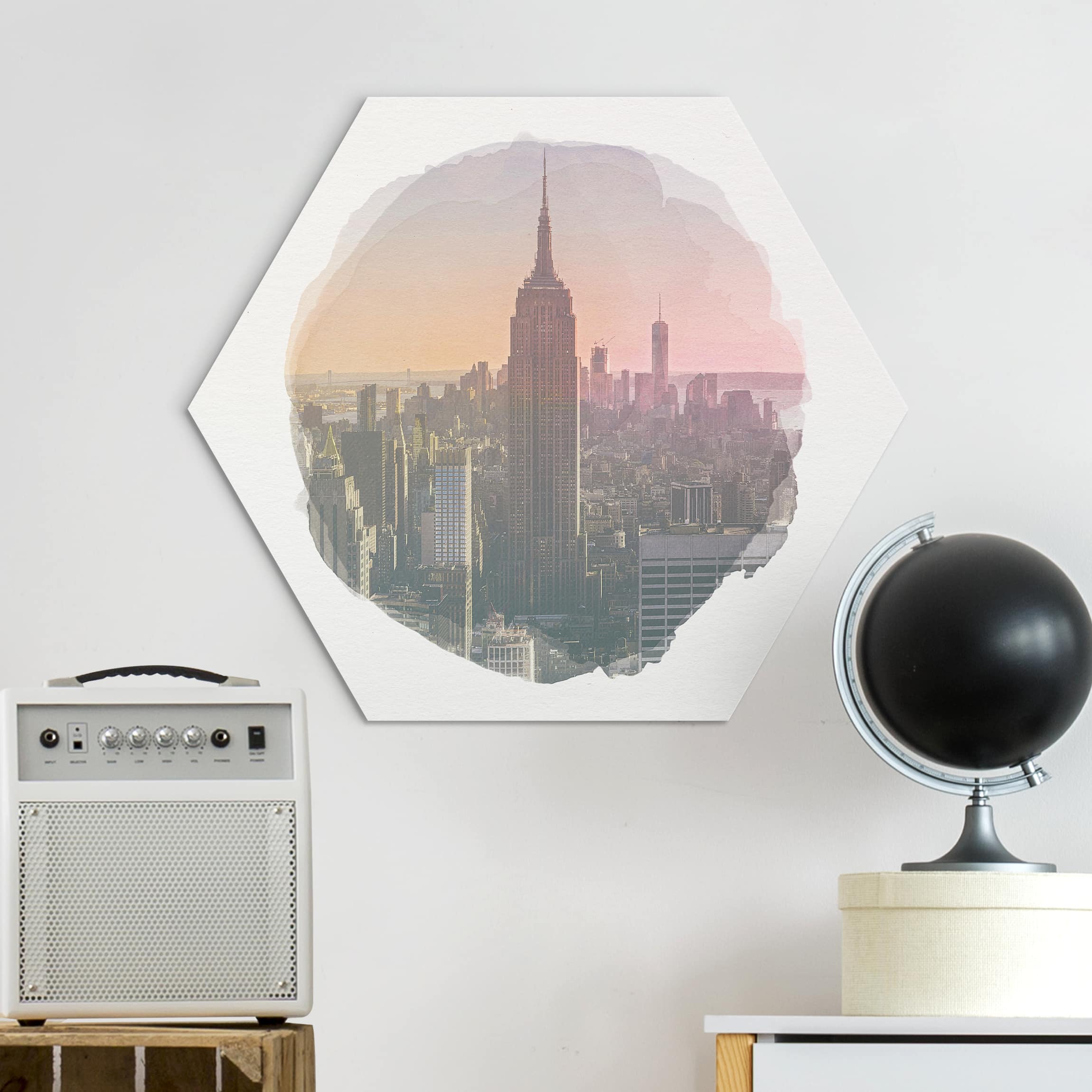 Hexagon-Alu-Dibond Bild Wasserfarben - Blick vom Top of the Rock