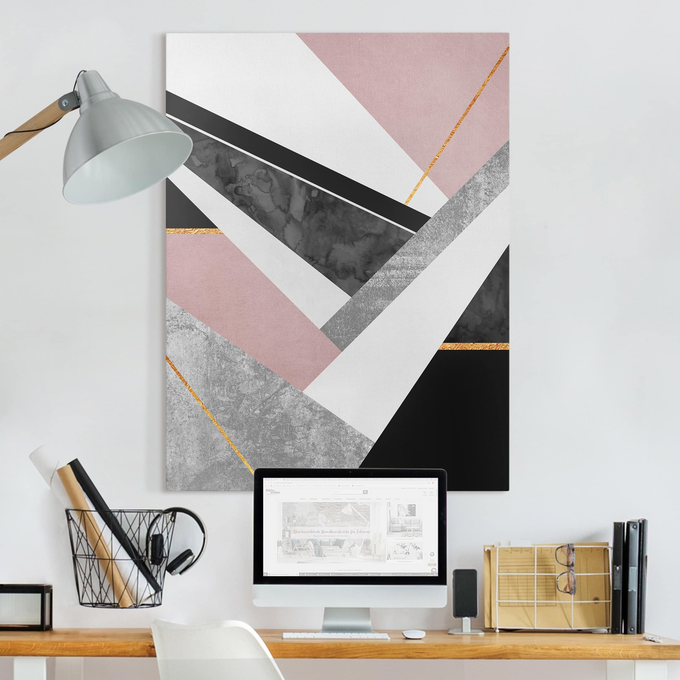 Leinwandbild - Hochformat Schwarz Weiß Geometrie mit Gold