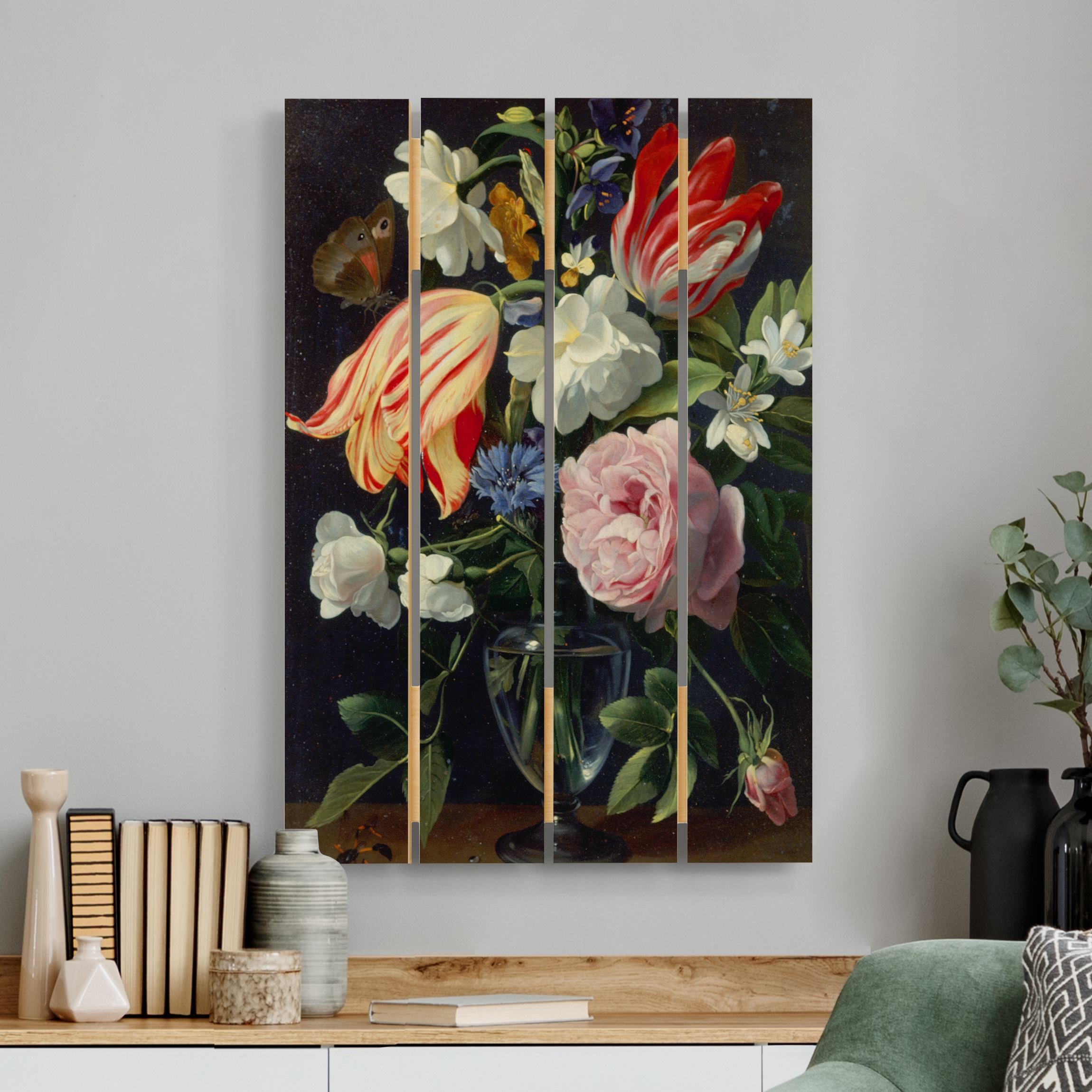 Holzbild Plankenoptik - Hochformat Daniel Seghers - Vase mit Blumen