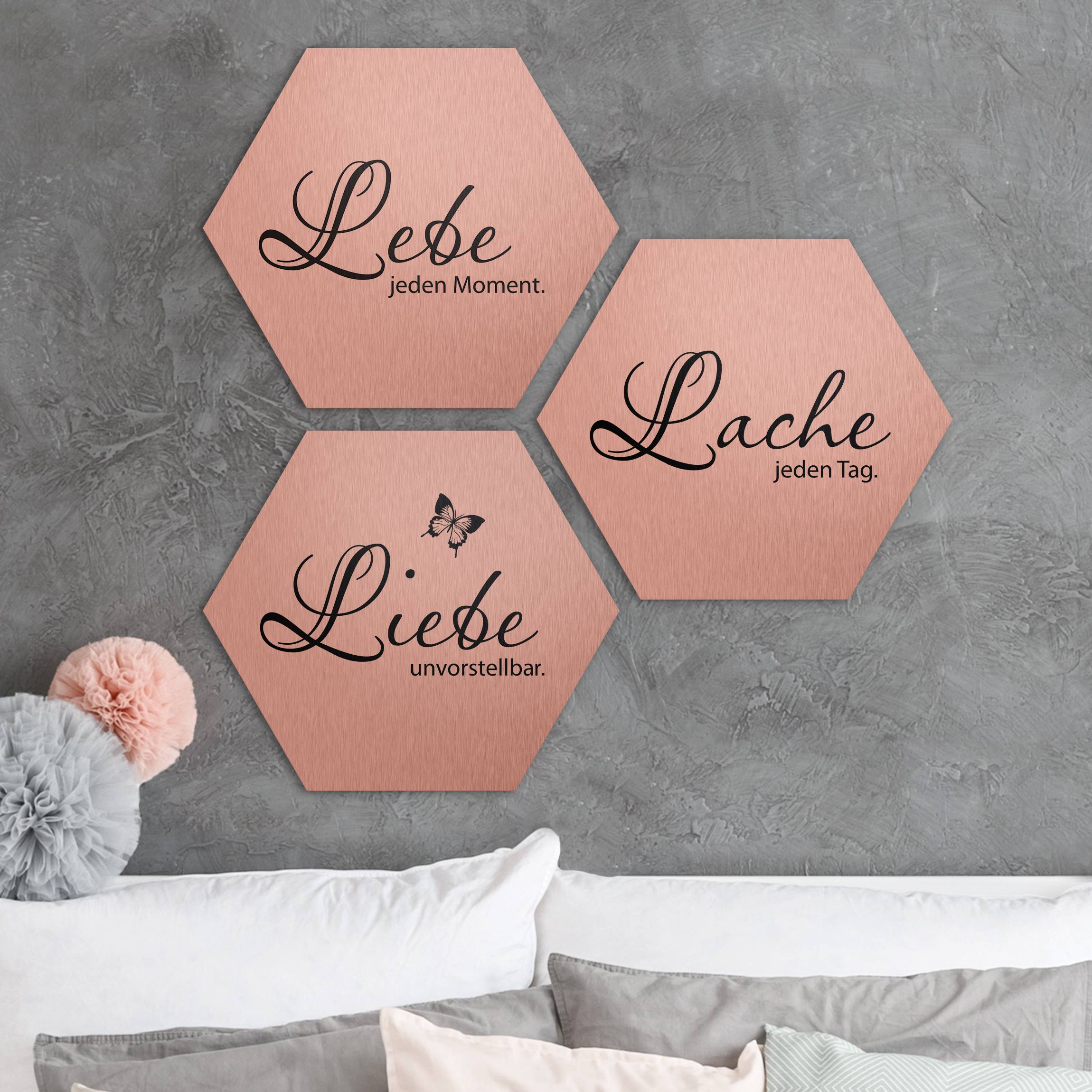 3-teiliges Hexagon-Alu-Dibond Bild Lebe jeden Moment