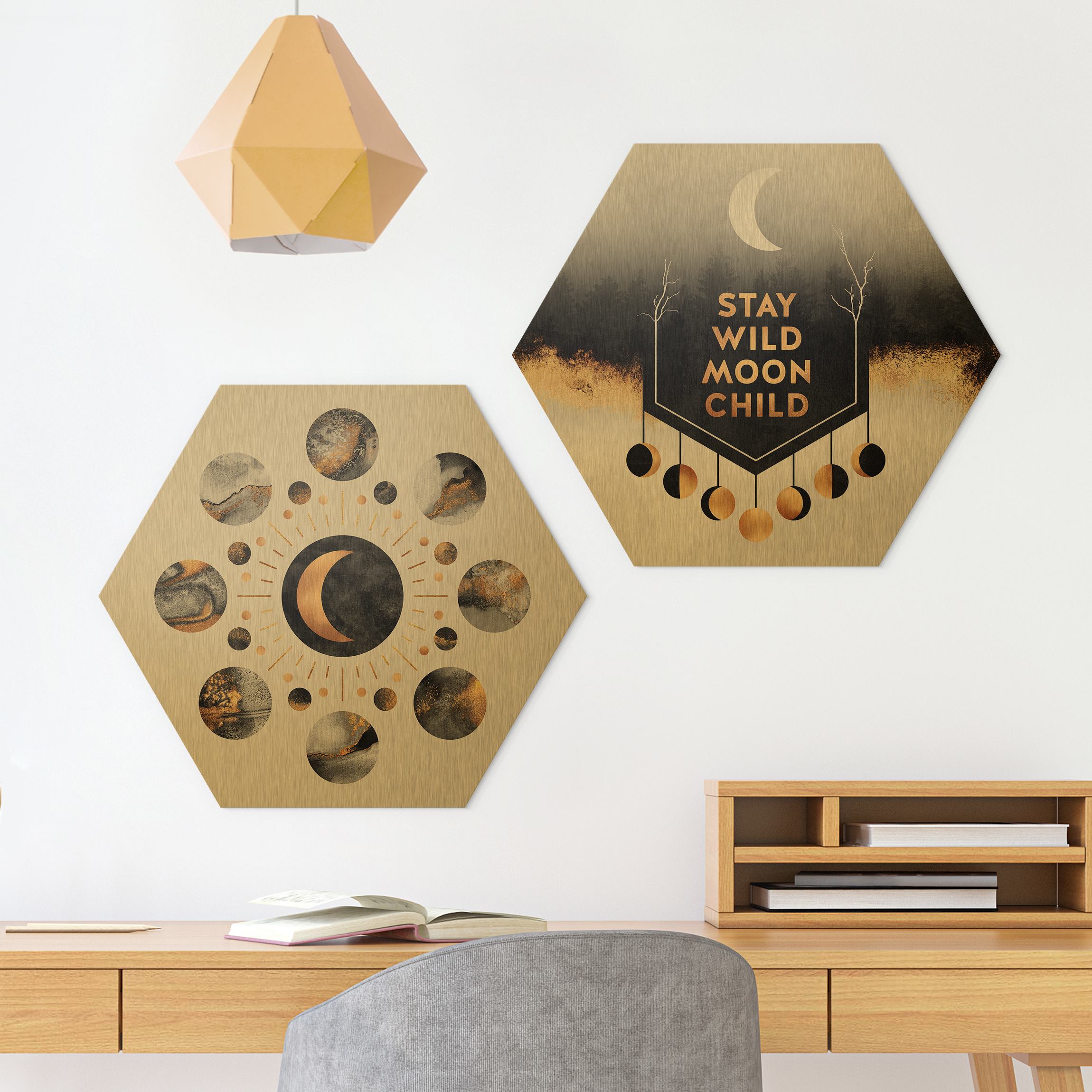 2-teiliges Hexagon-Alu-Dibond Bild Stay Wild Moon Child Mondpasen