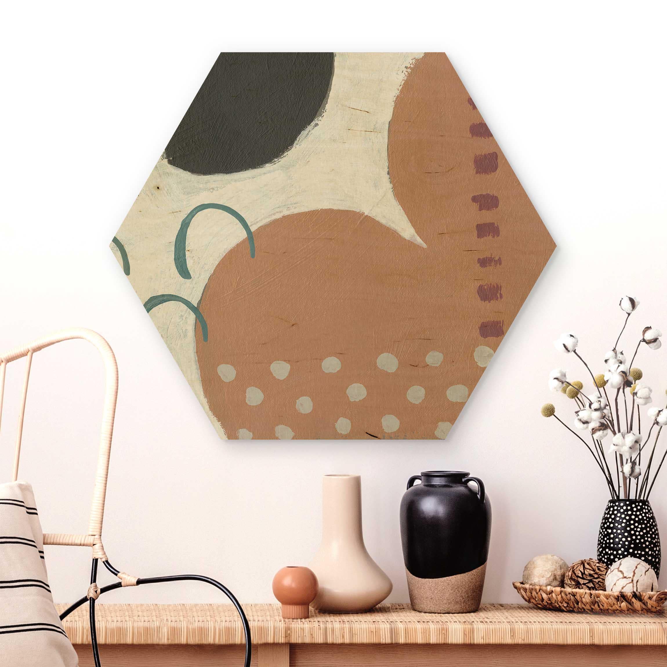 Hexagon-Holzbild Karneval der Formen in Lachs III