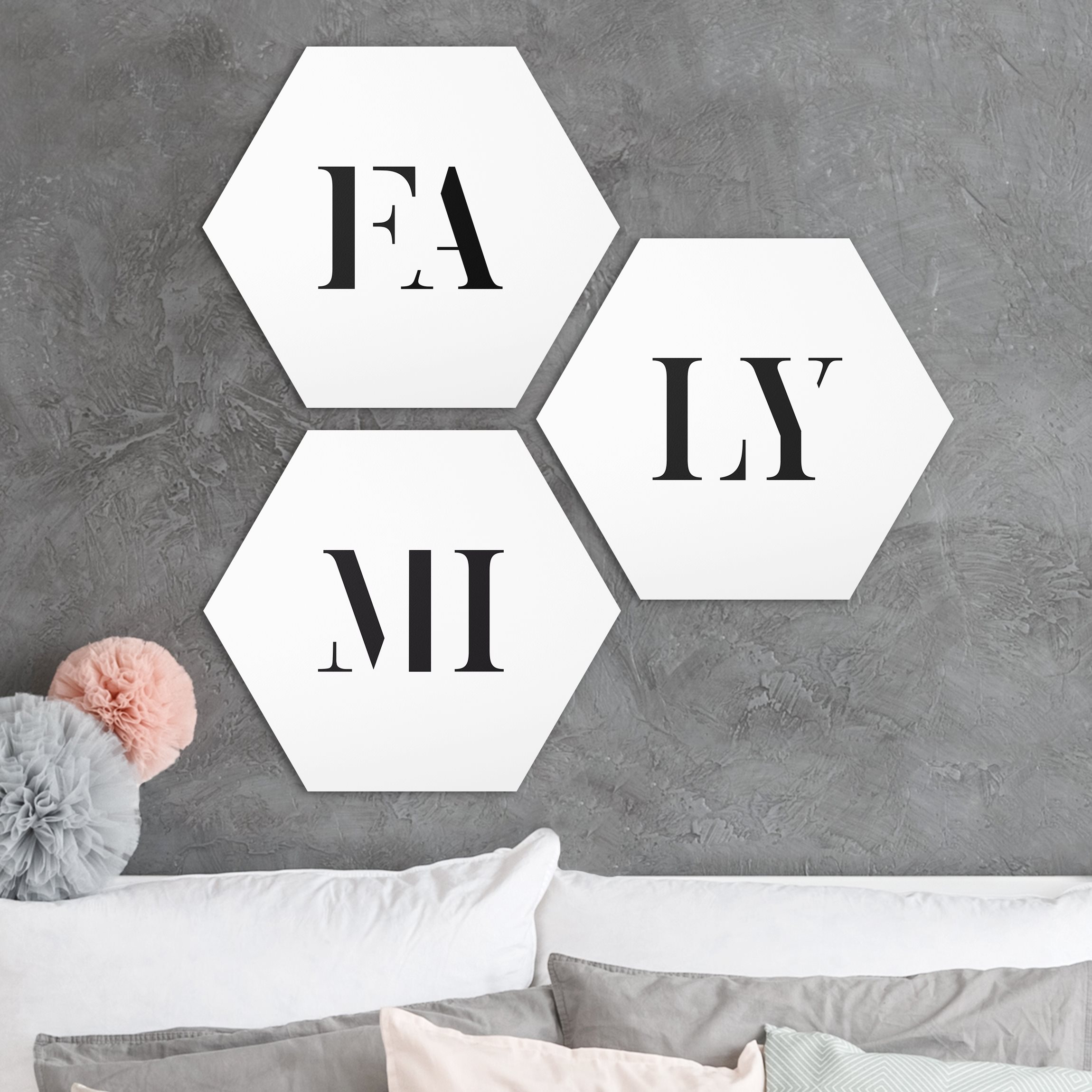 3-teiliges Hexagon-Alu-Dibond Bild Buchstaben FAMILY Schwarz Set I