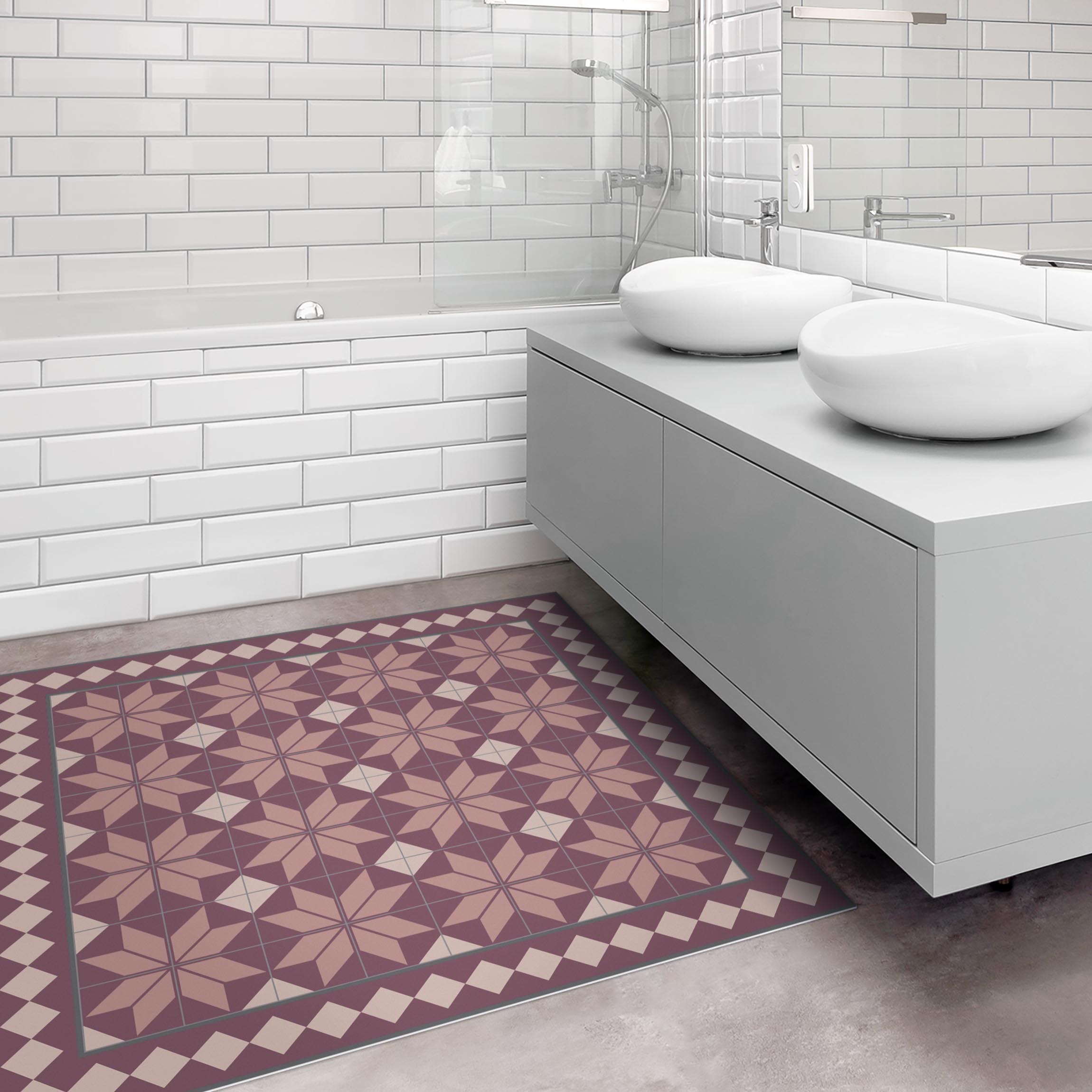 Vinylteppich Geometrische Fliesen Sternblume Altrosa mit Bordüre