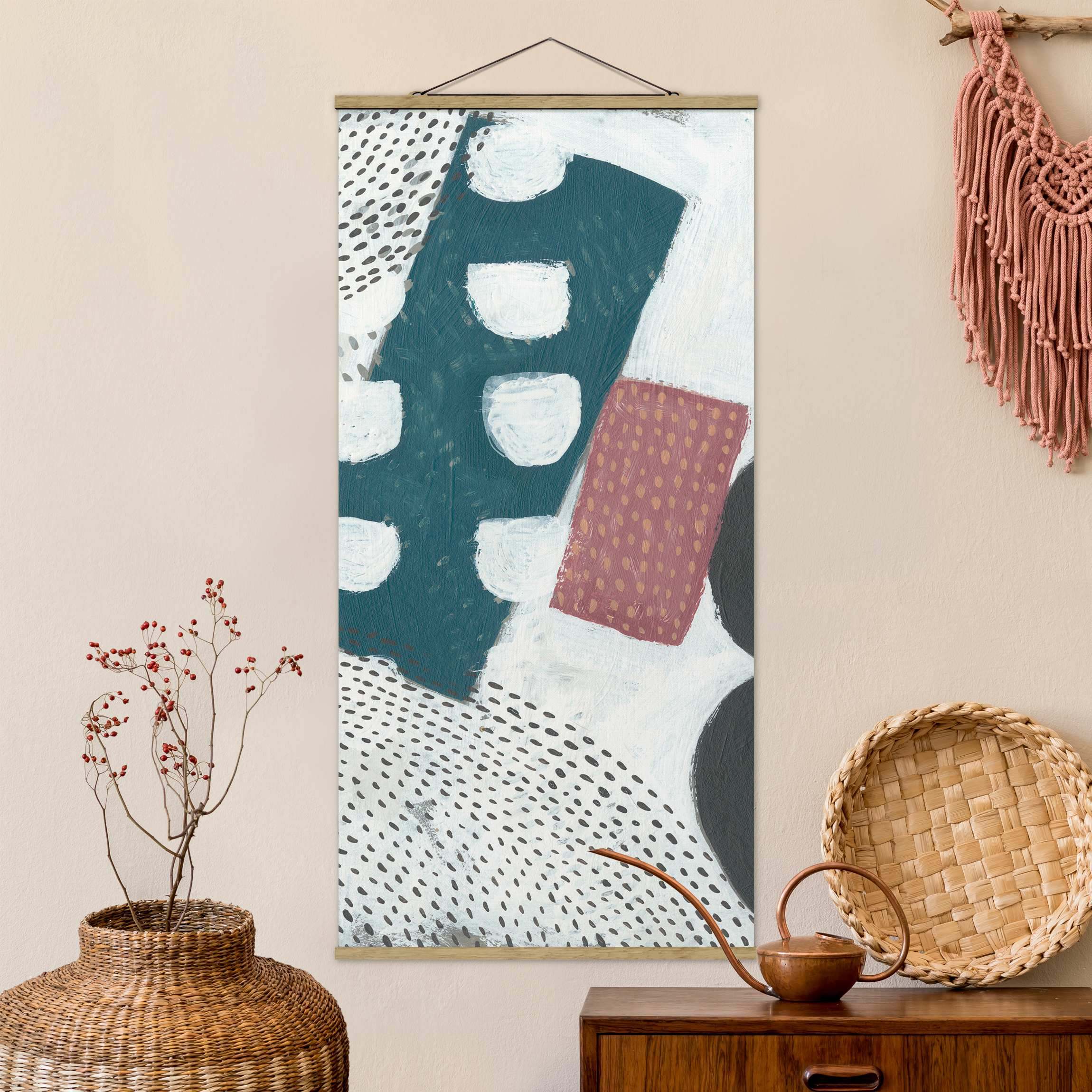 Stoffbild mit Posterleisten Karneval der Formen in Petrol I