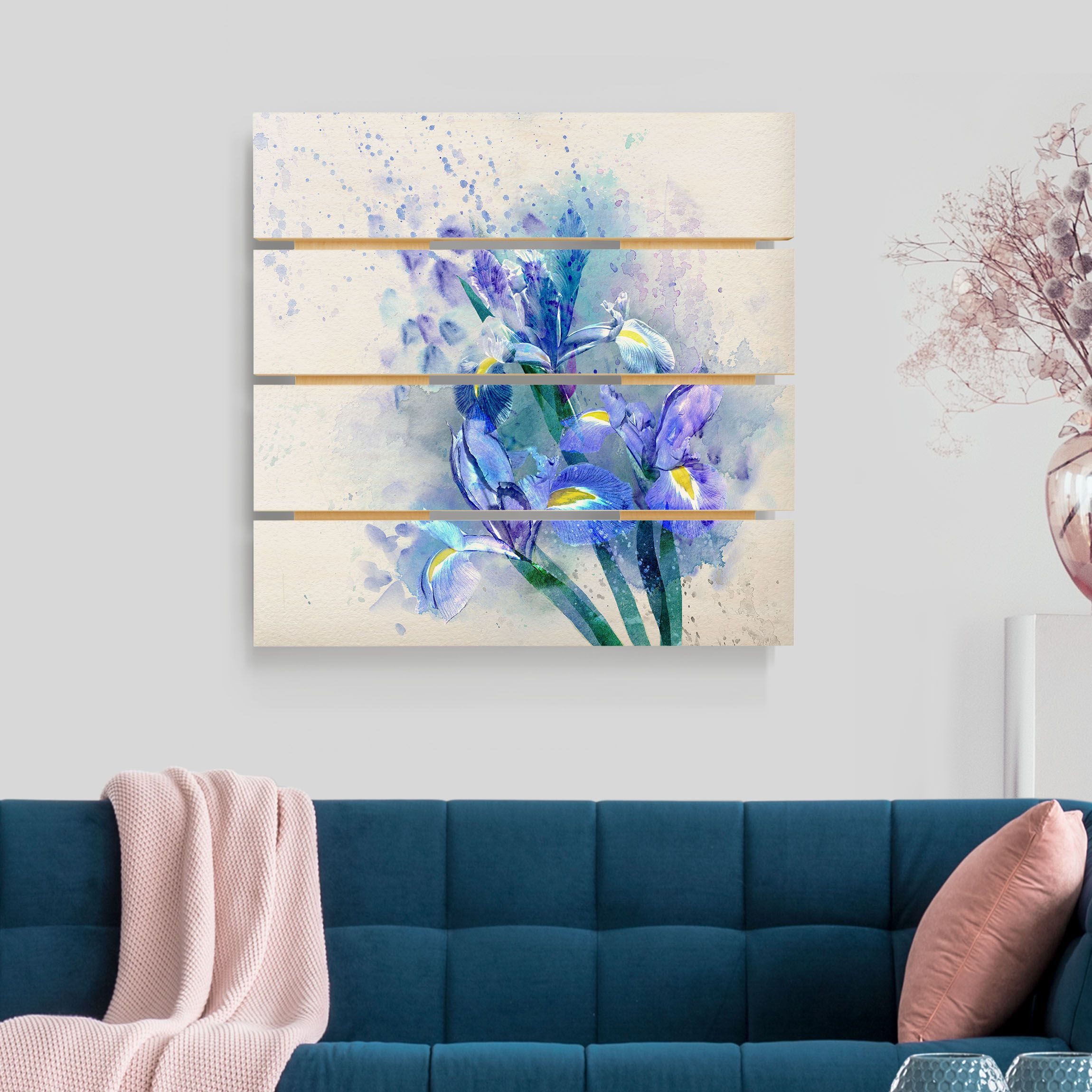 Holzbild Plankenoptik - Quadrat Aquarell Blumen Iris