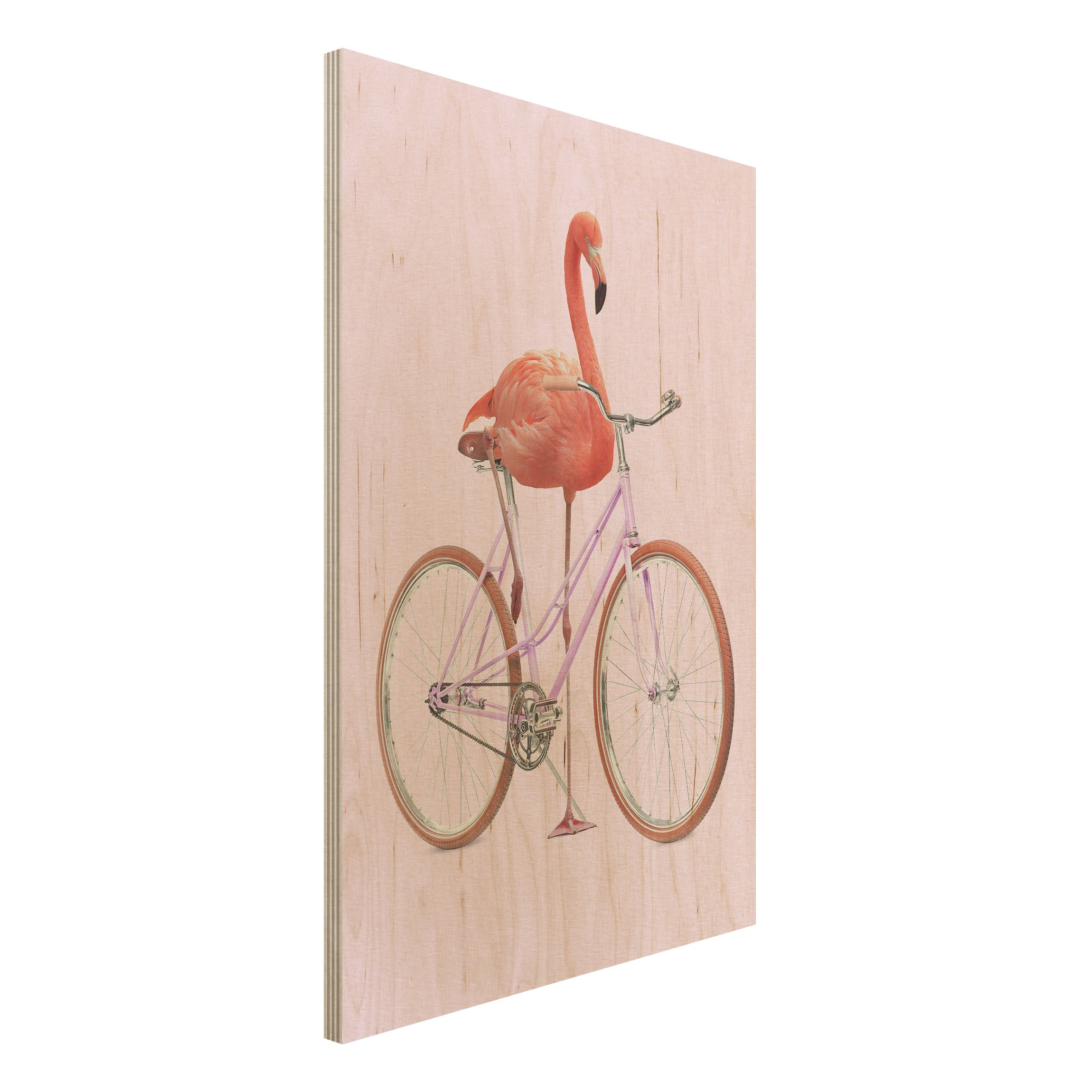Holzbild - Hochformat 2:3 Flamingo mit Fahrrad