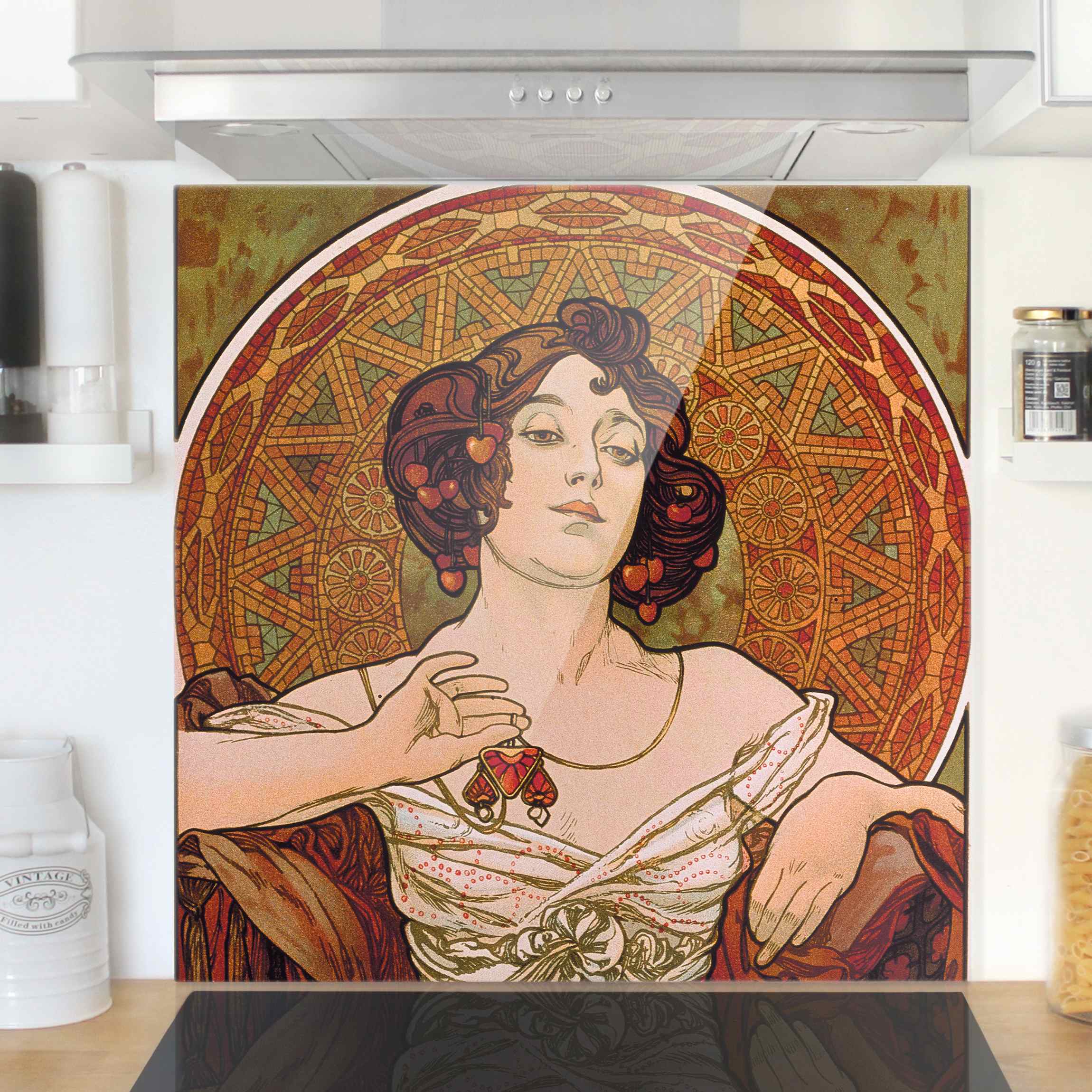 Glas Spritzschutz Alfons Mucha - Edelsteine - Rubin