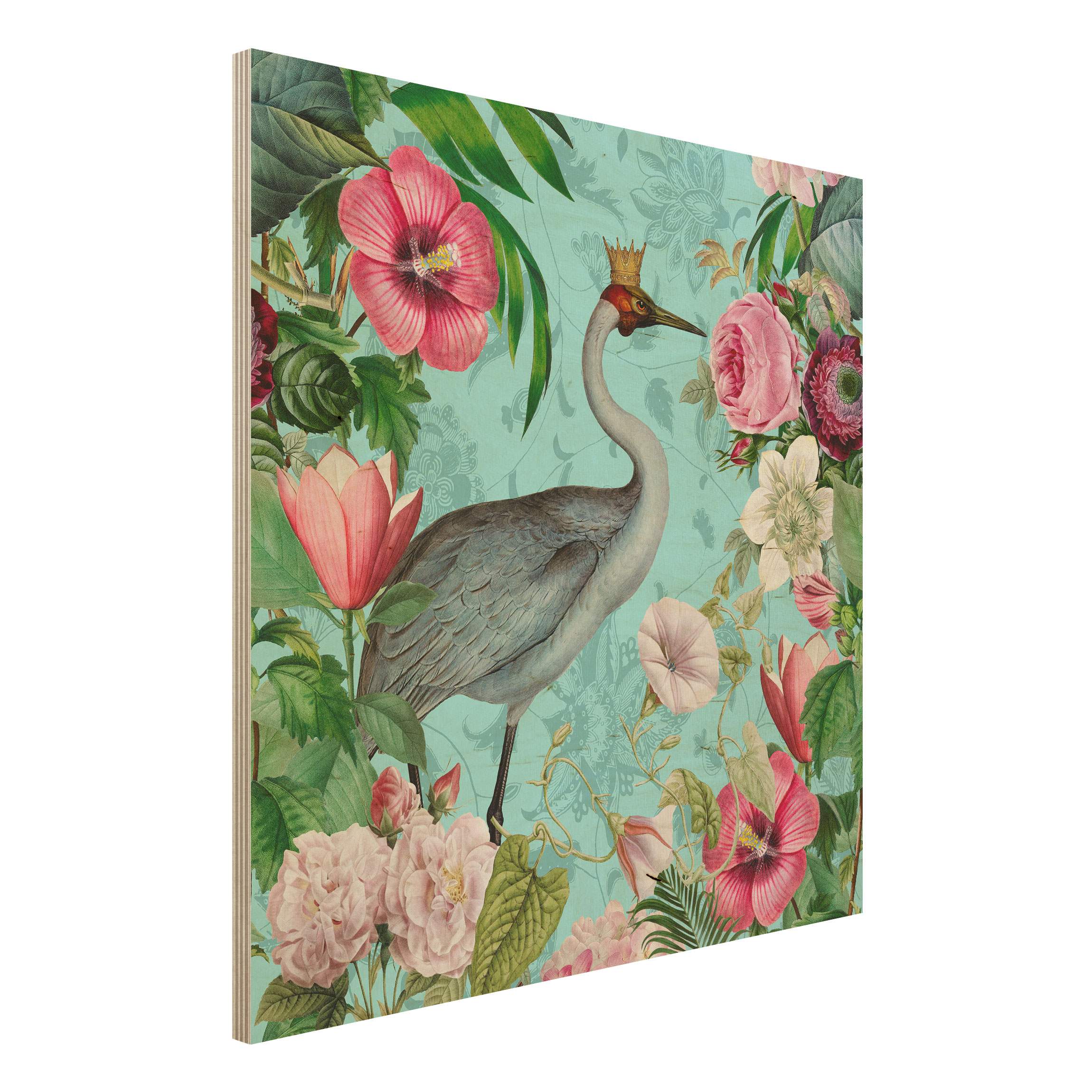 Holzbild Vintage Collage - Kranich mit Krone