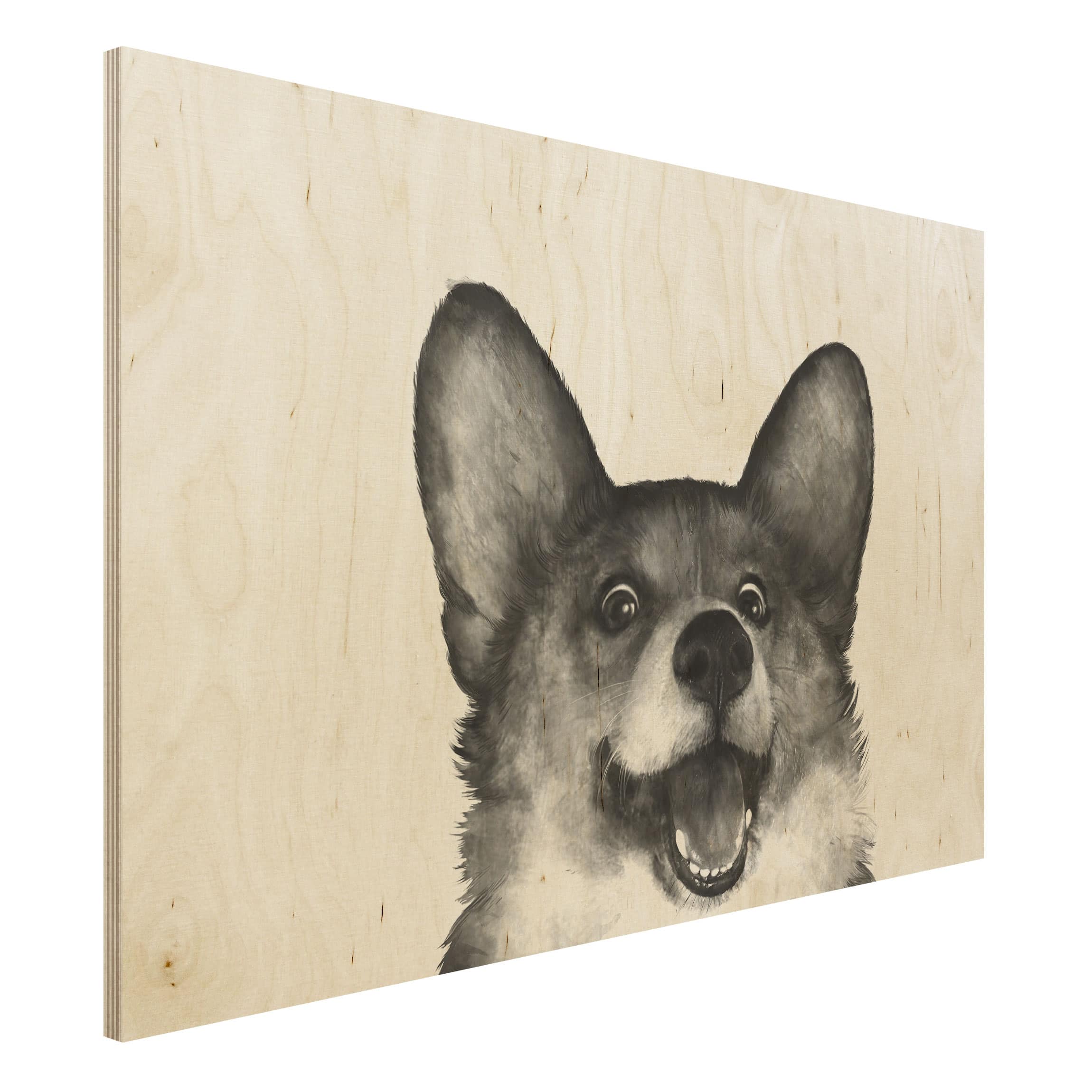 Holzbild - Querformat 3:2 Illustration Hund Corgi Weiß Schwarz Malerei
