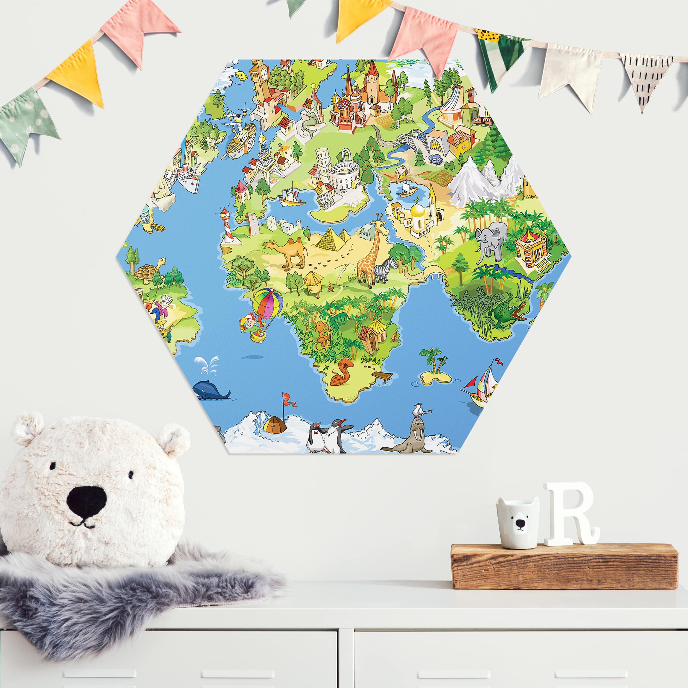 Hexagon-Alu-Dibond Bild Great and funny Worldmap