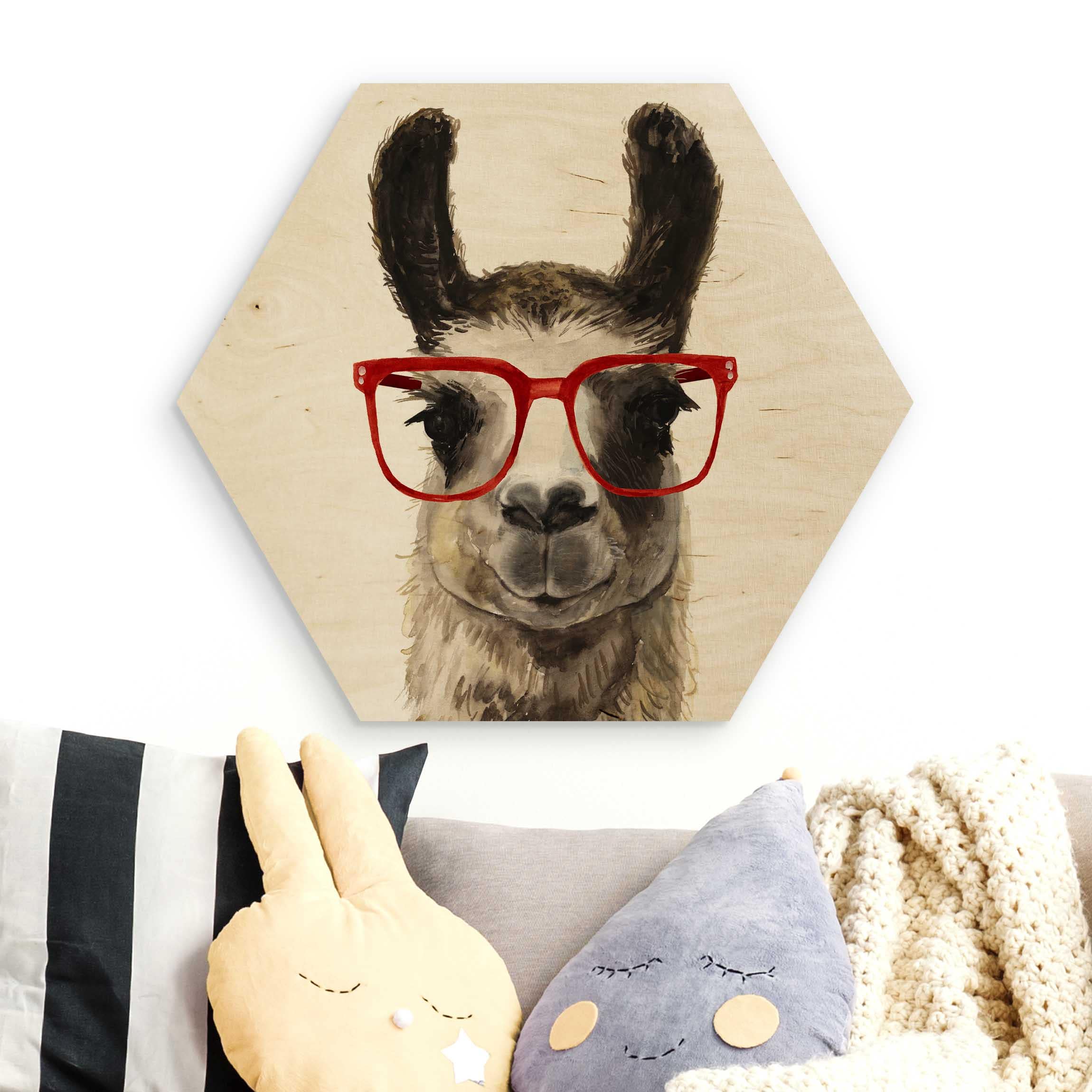 Hexagon-Holzbild Hippes Lama mit Brille II