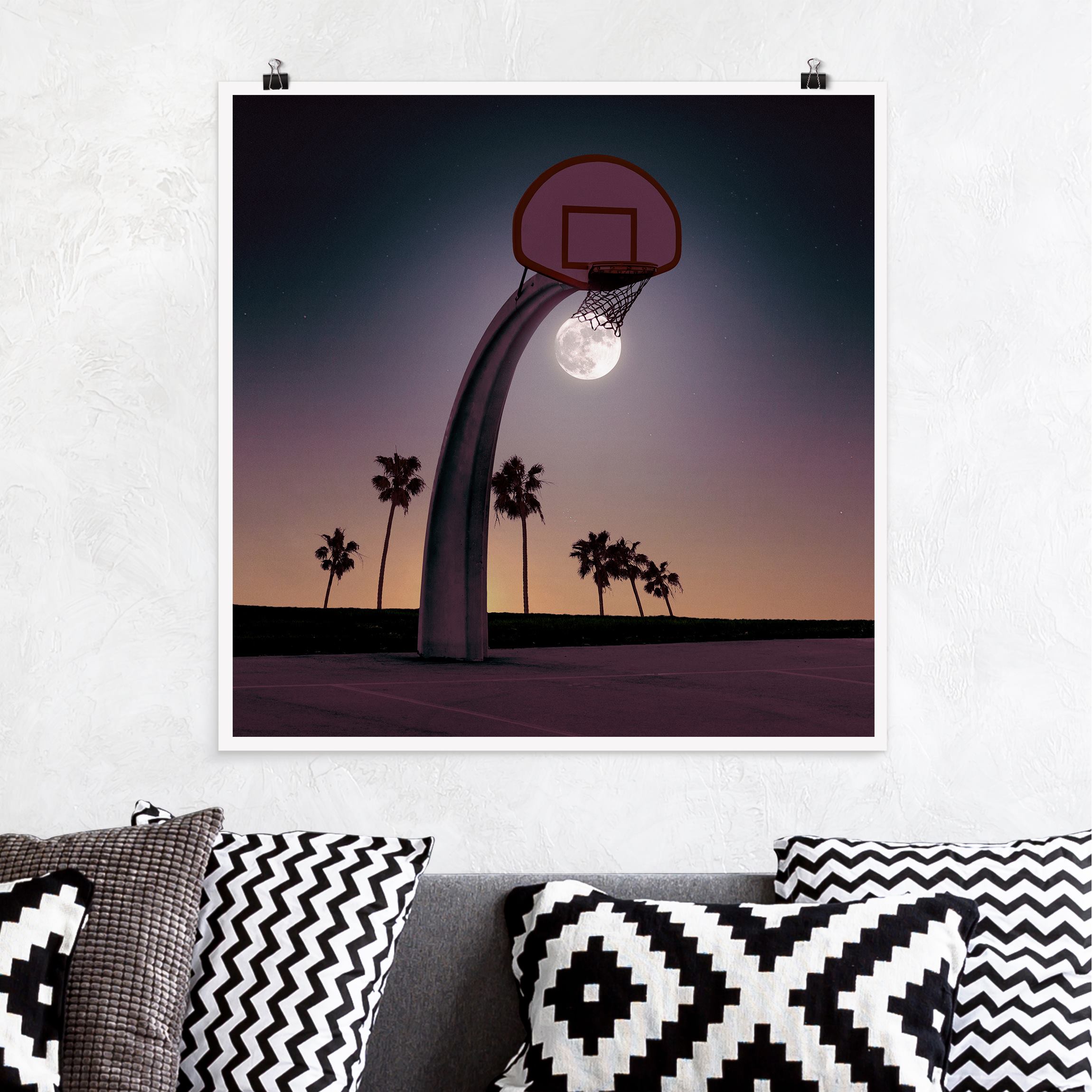 Poster - Quadrat Basketball mit Mond