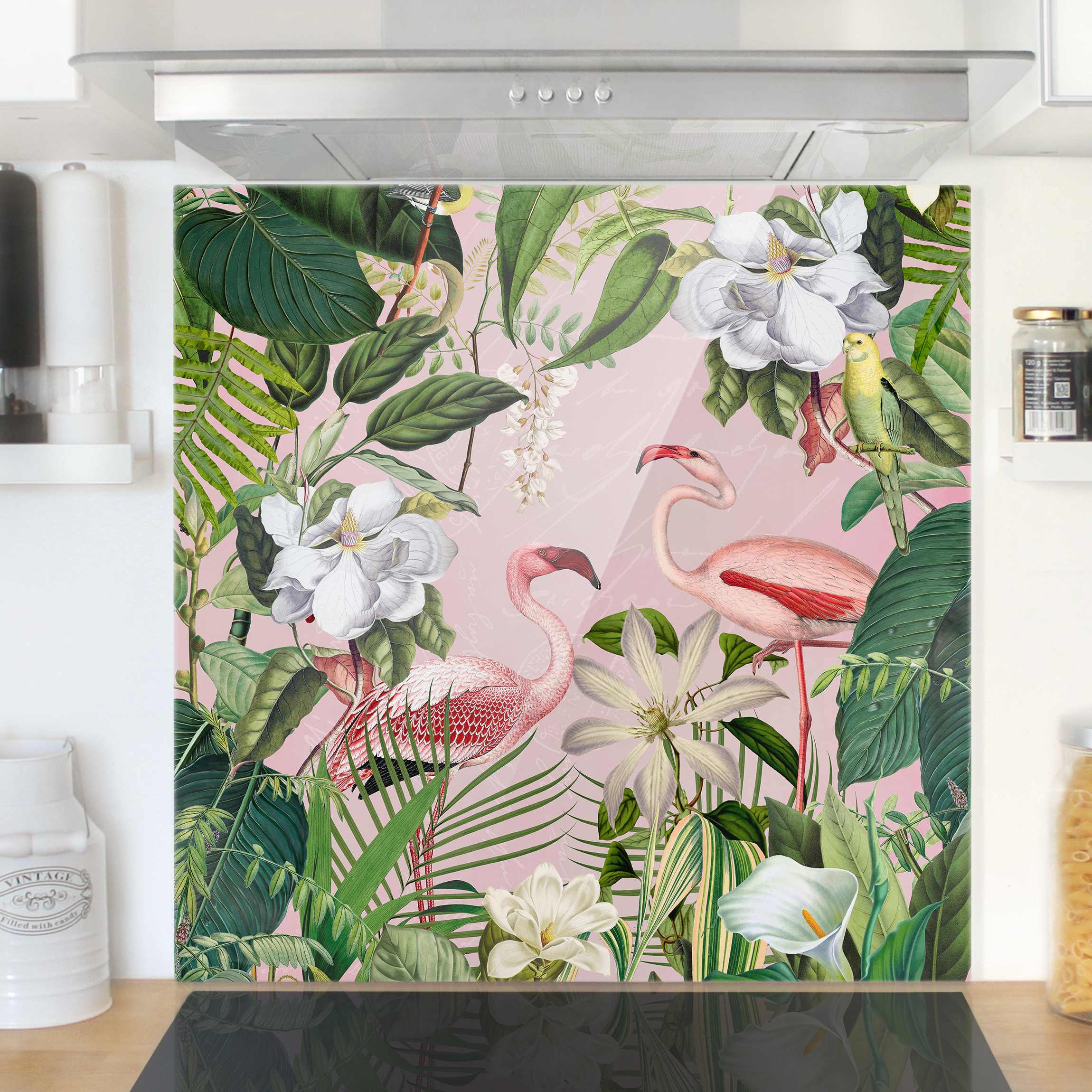Spritzschutz Tropische Flamingos mit Pflanzen in Rosa