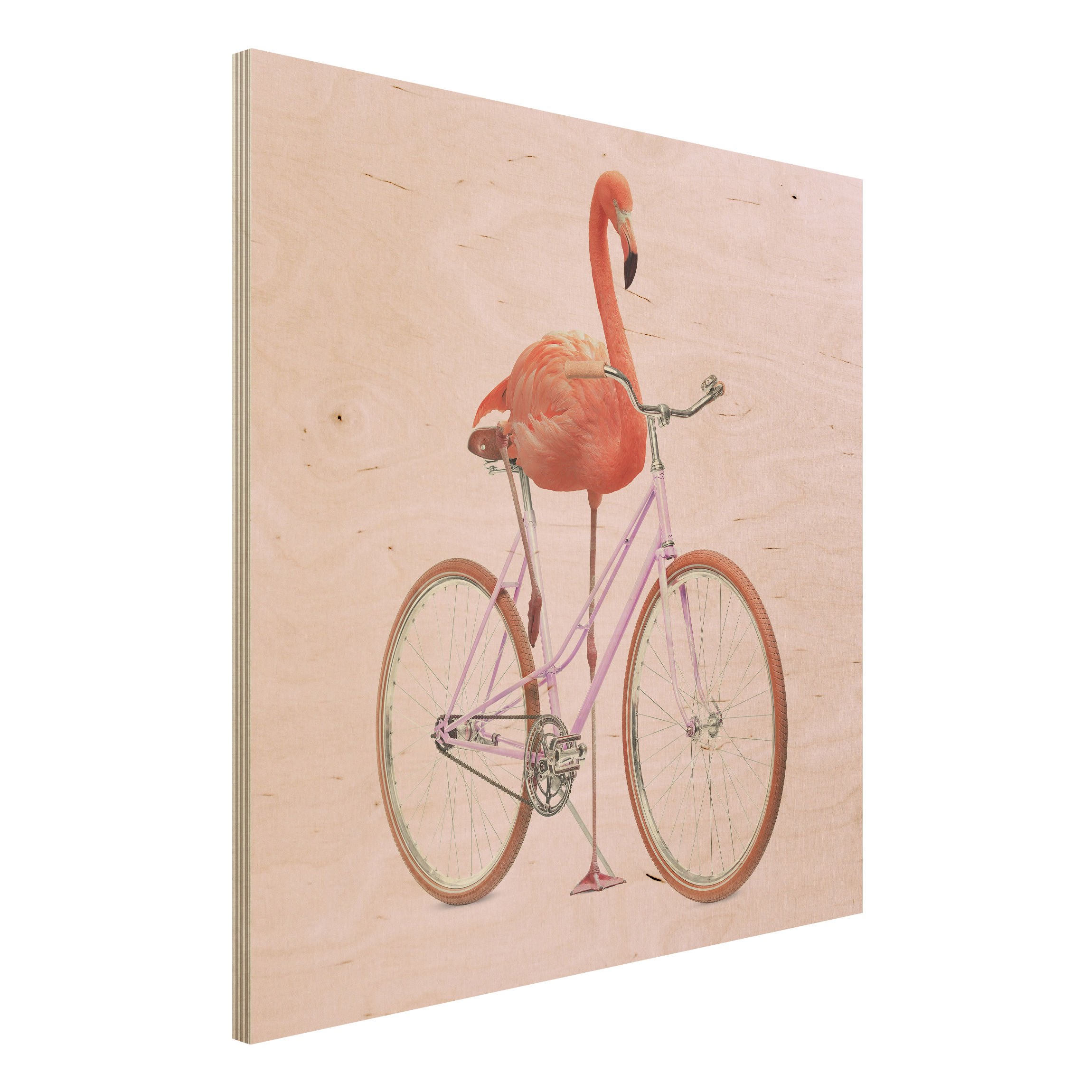 Holzbild - Quadrat Flamingo mit Fahrrad