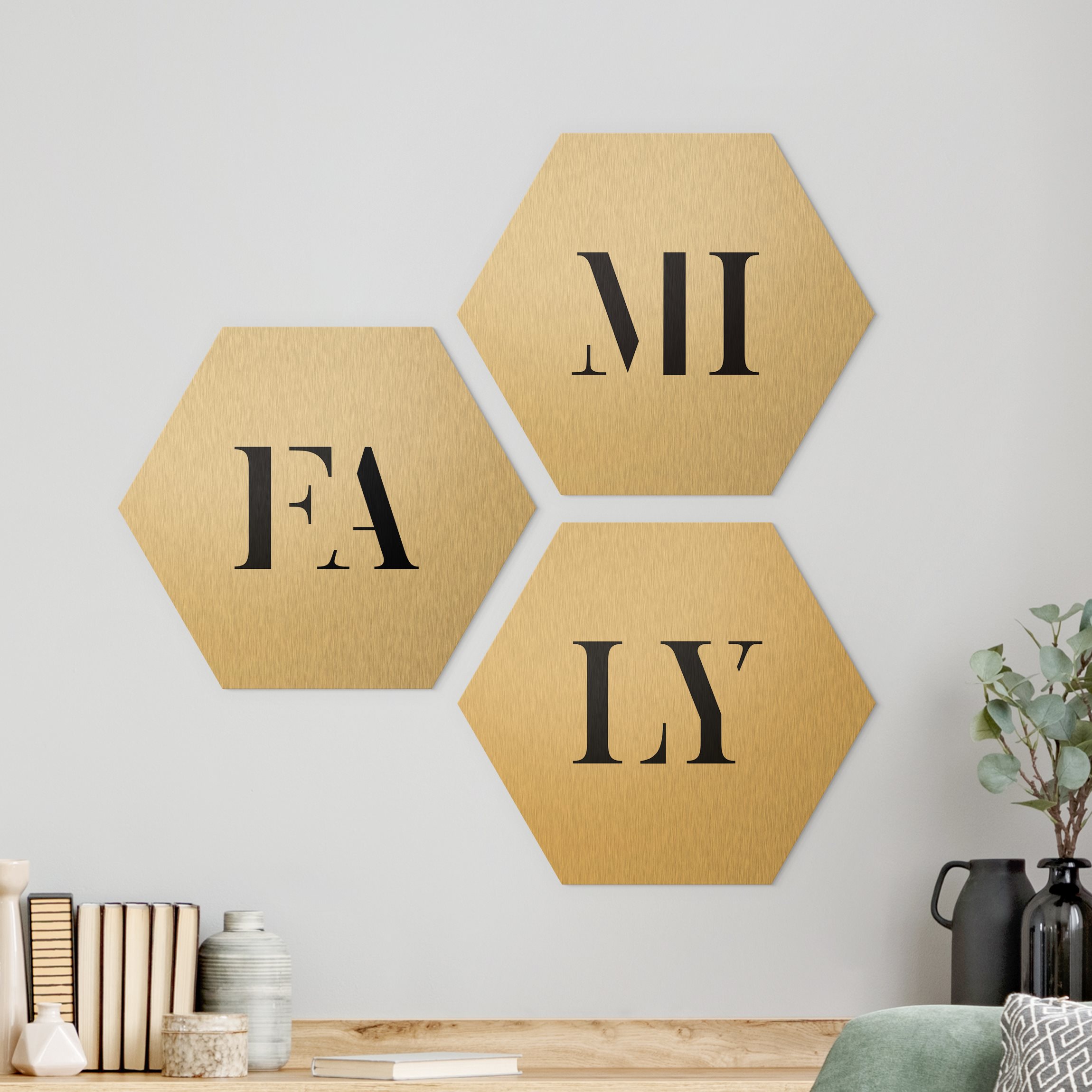 3-teiliges Hexagon-Alu-Dibond Bild Buchstaben FAMILY Schwarz Set I