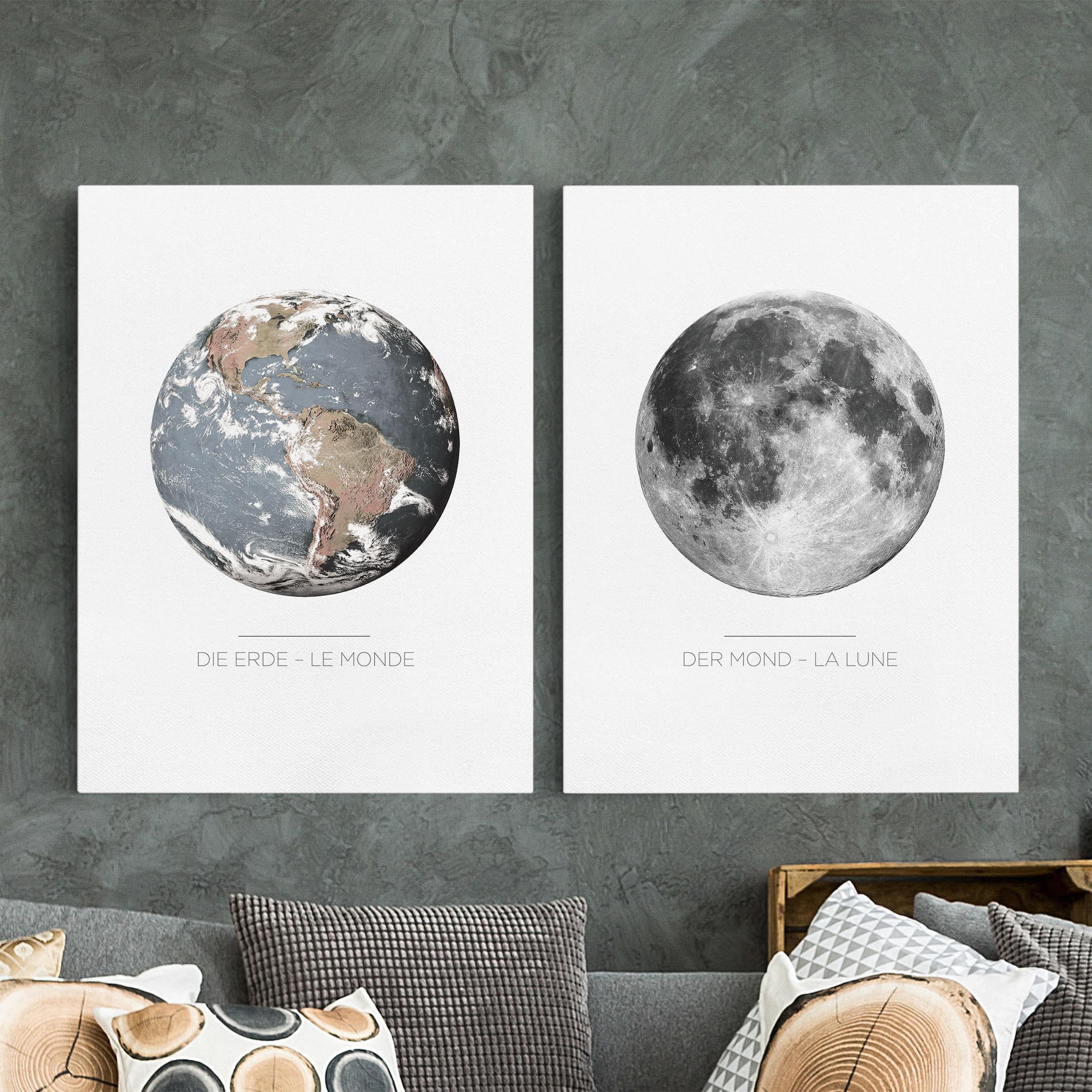 2-teiliges Leinwandbild Erde Mond und Erde