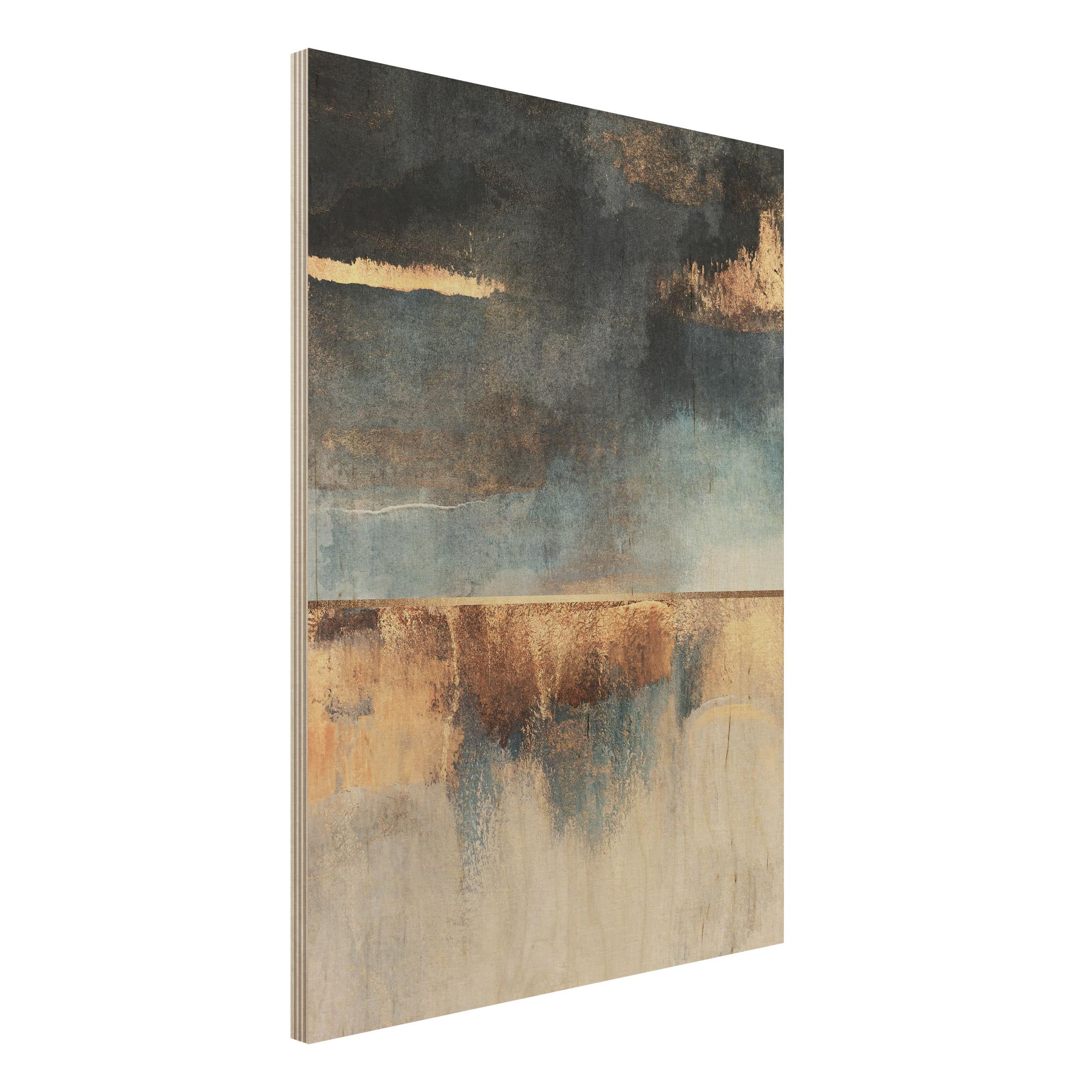 Holzbild - Hochformat 3:4 Abstraktes Seeufer in Gold