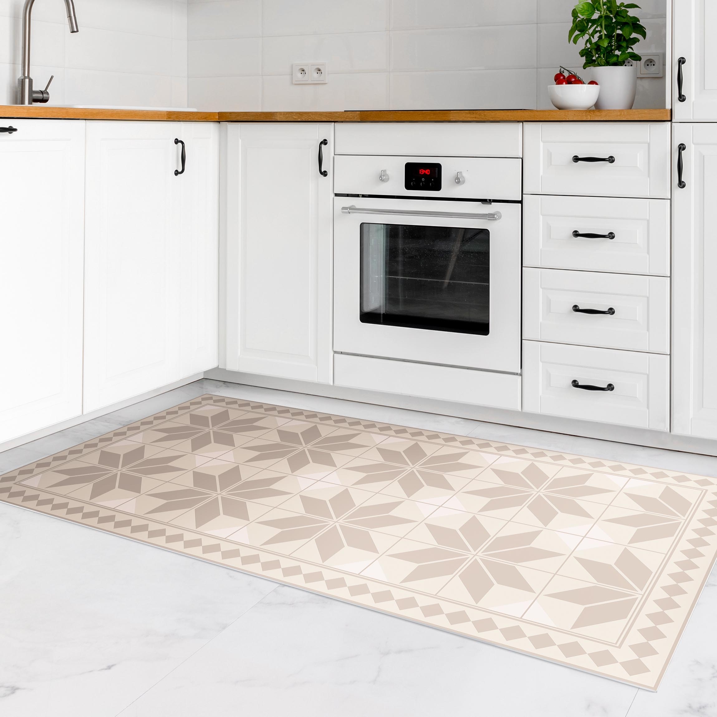 Vinylteppich Geometrische Fliesen Sternblume Sand mit schmaler Bordüre