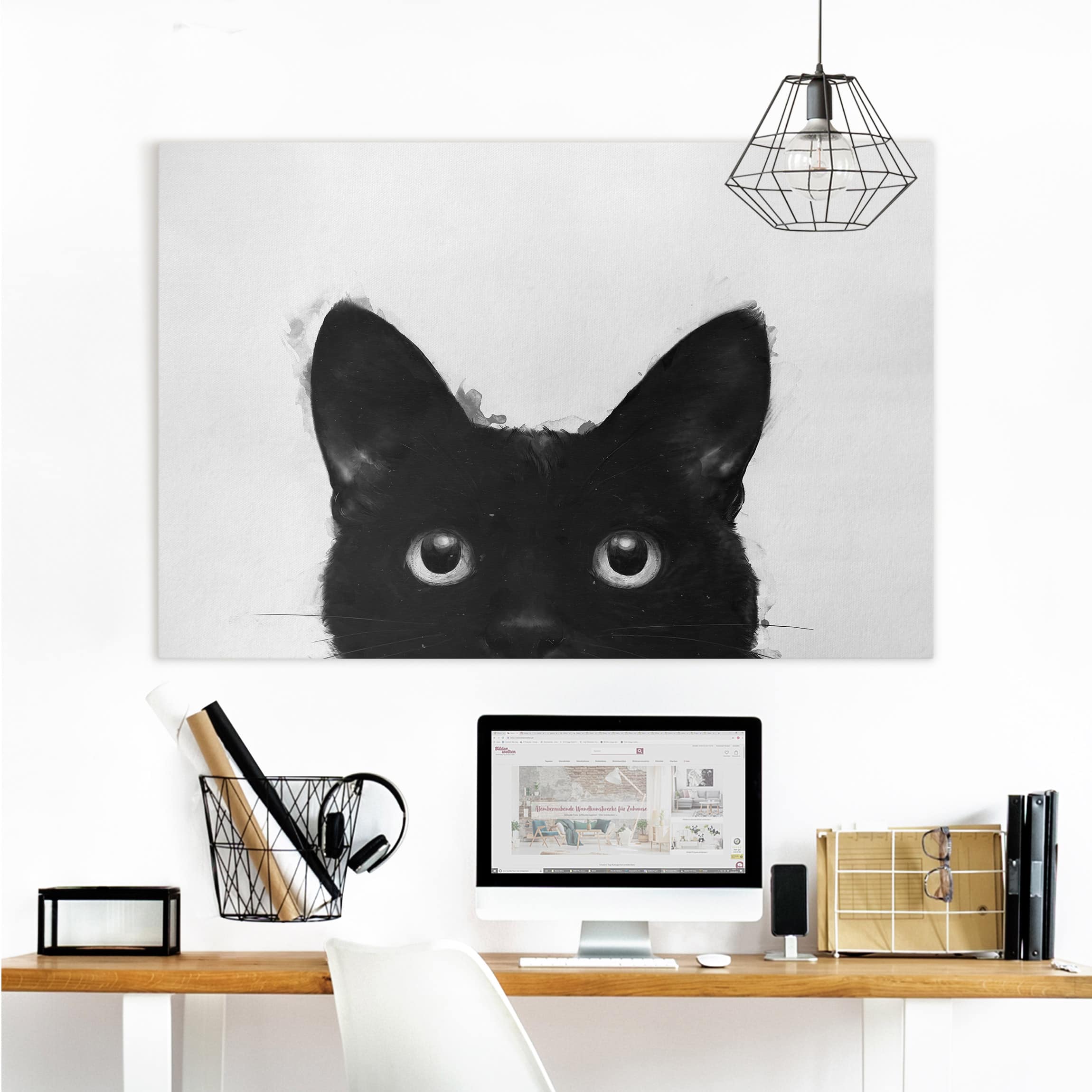Leinwandbild - Querformat Illustration Schwarze Katze auf Weiß Malerei