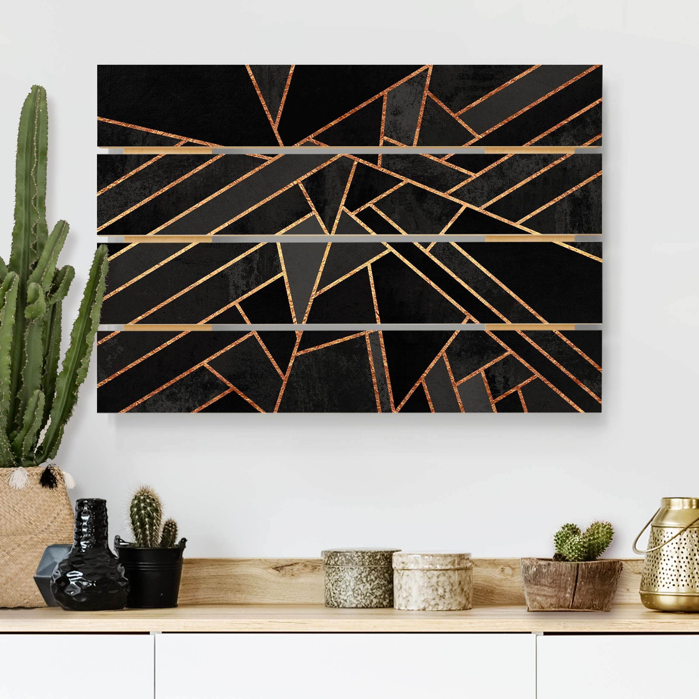 Holzbild Plankenoptik - Querformat Schwarze Dreiecke Gold