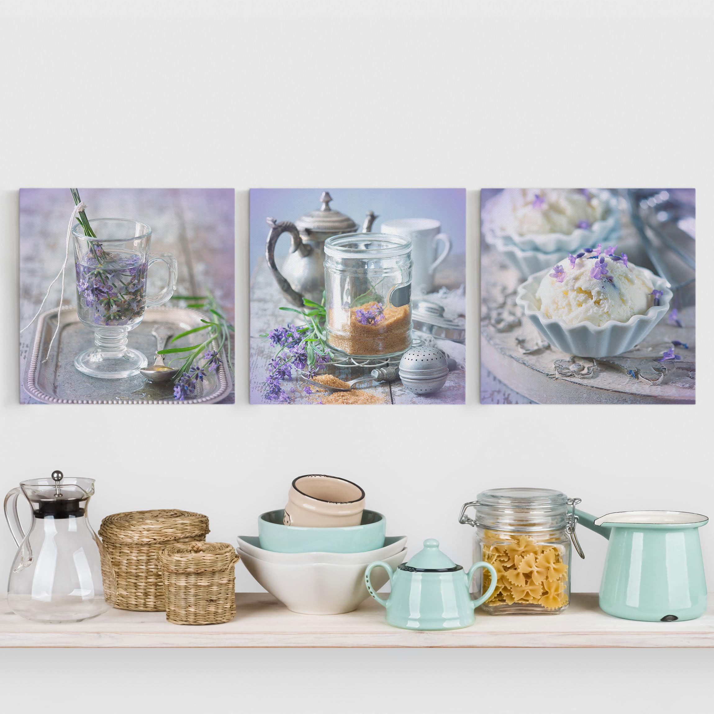 3-teiliges Leinwandbild Küche Lavendel Set Vintage