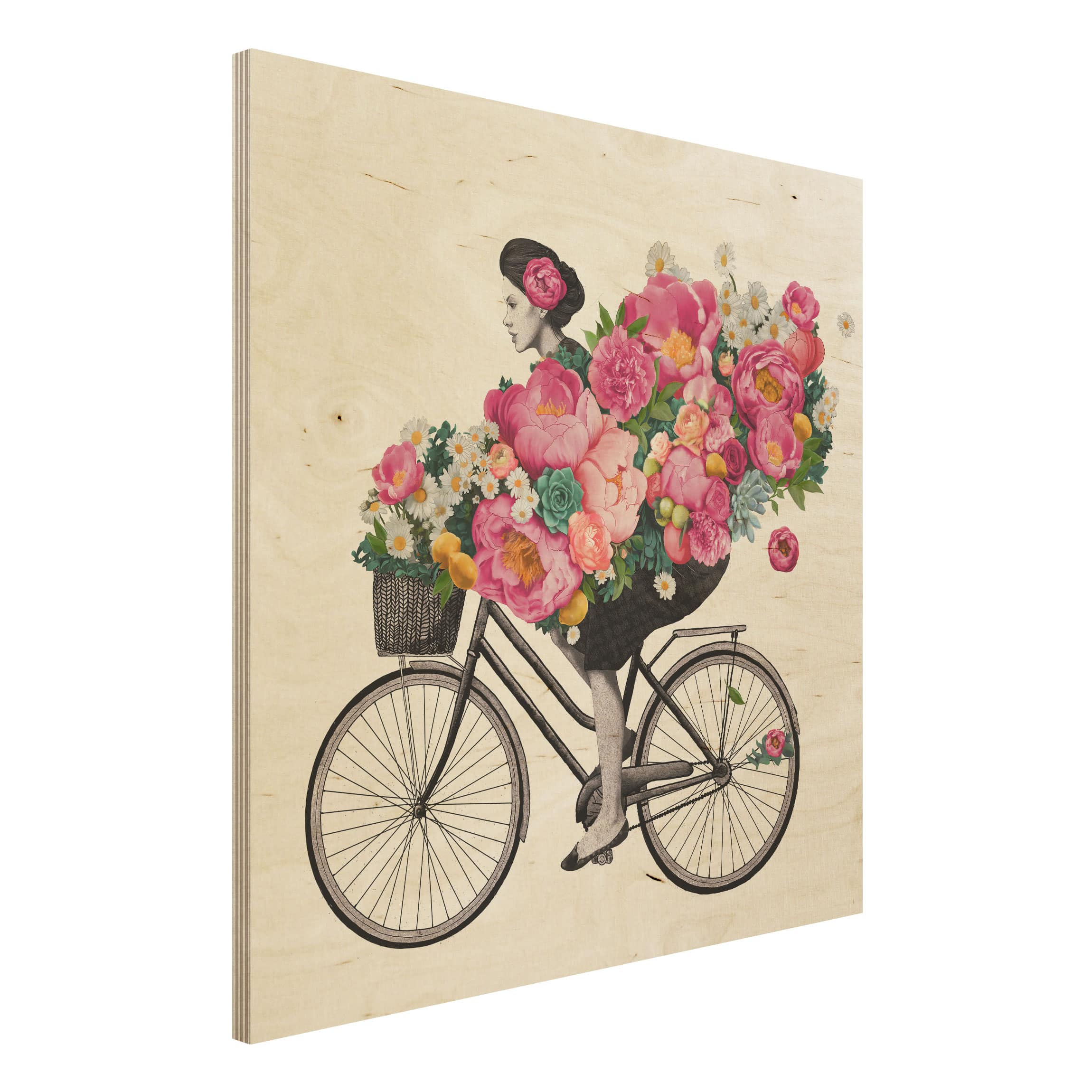 Holzbild - Quadrat Illustration Frau auf Fahrrad Collage bunte Blumen
