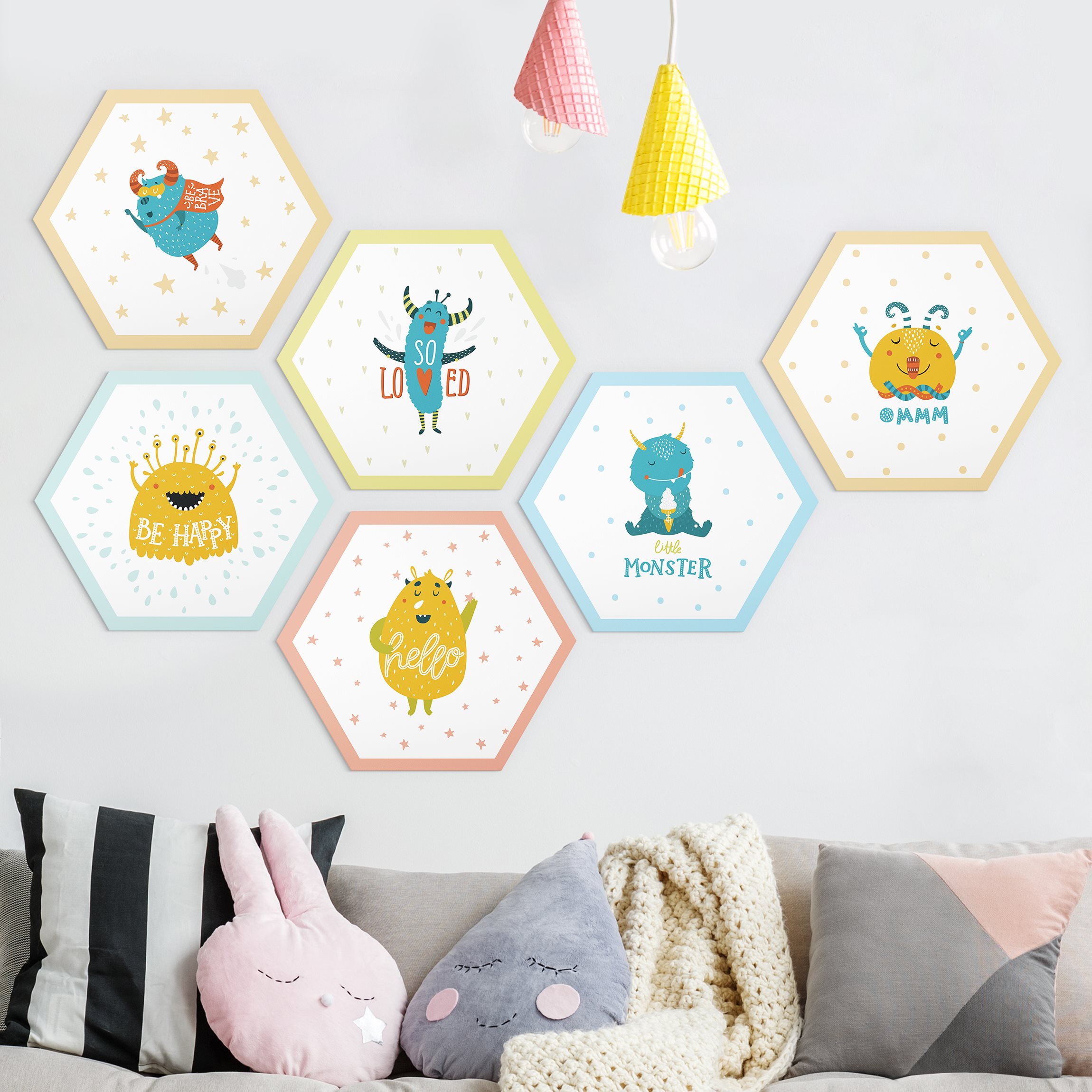 6-teiliges Hexagon-Forexbild Süße Monster Set II