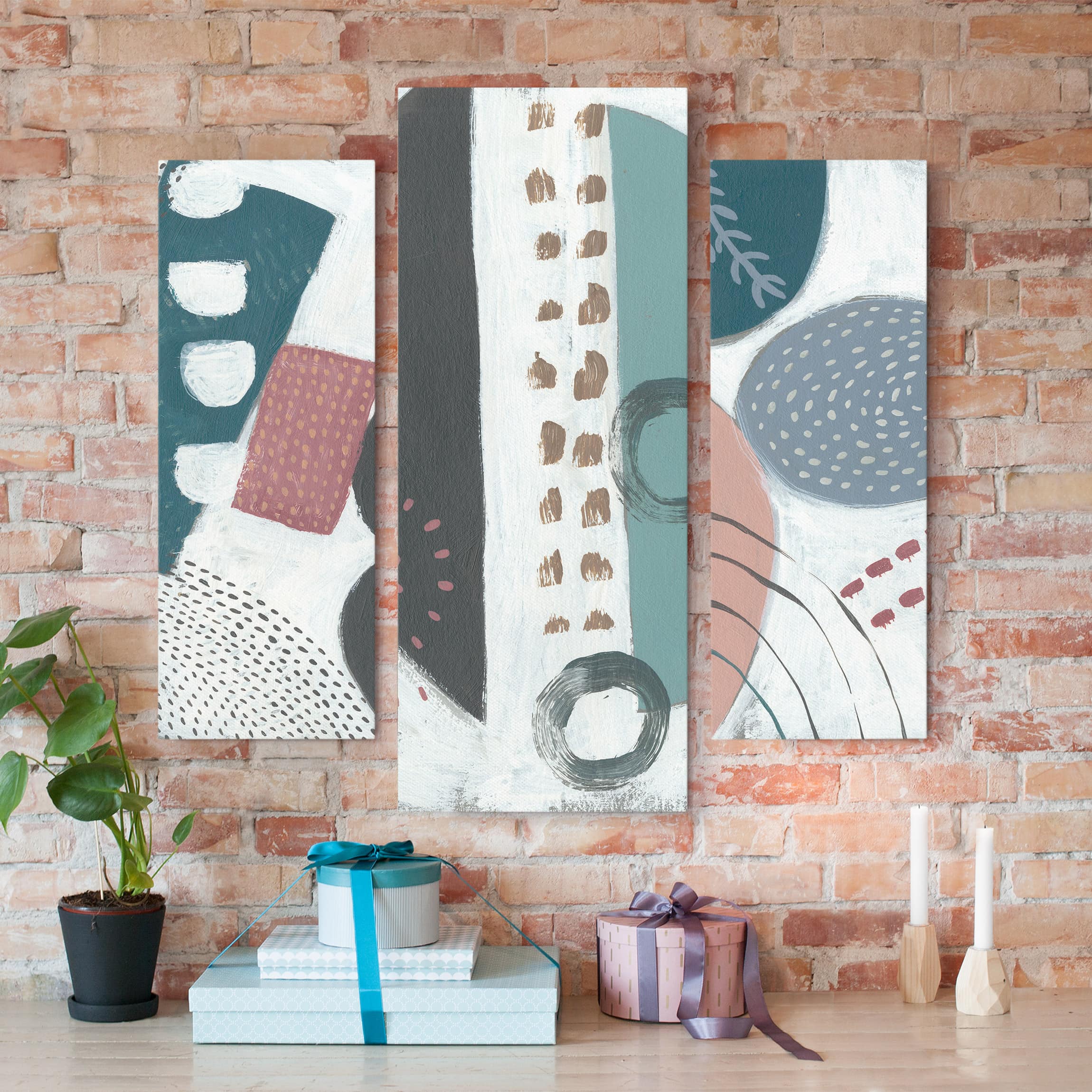 3-teiliges Leinwandbild - Querformat Karneval der Formen in Petrol Set III
