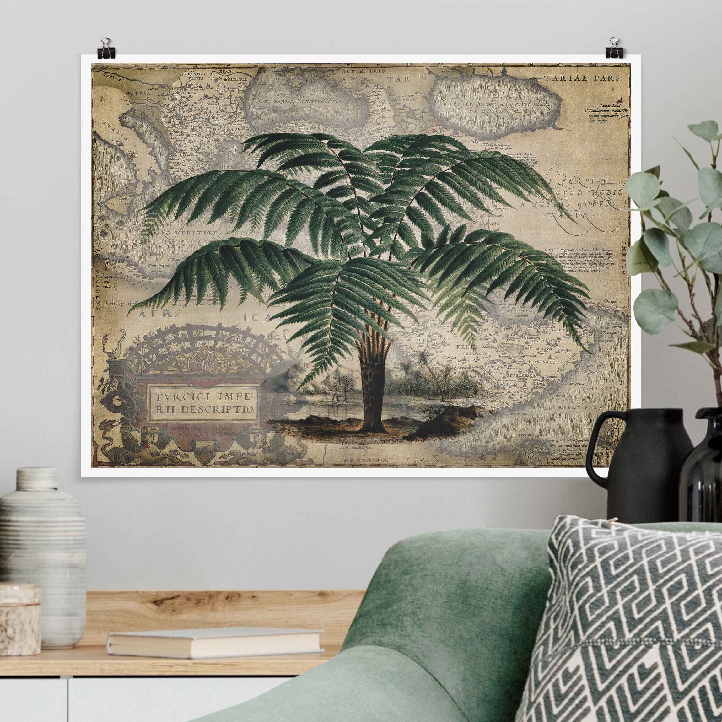 Poster Vintage Collage - Palme und Weltkarte