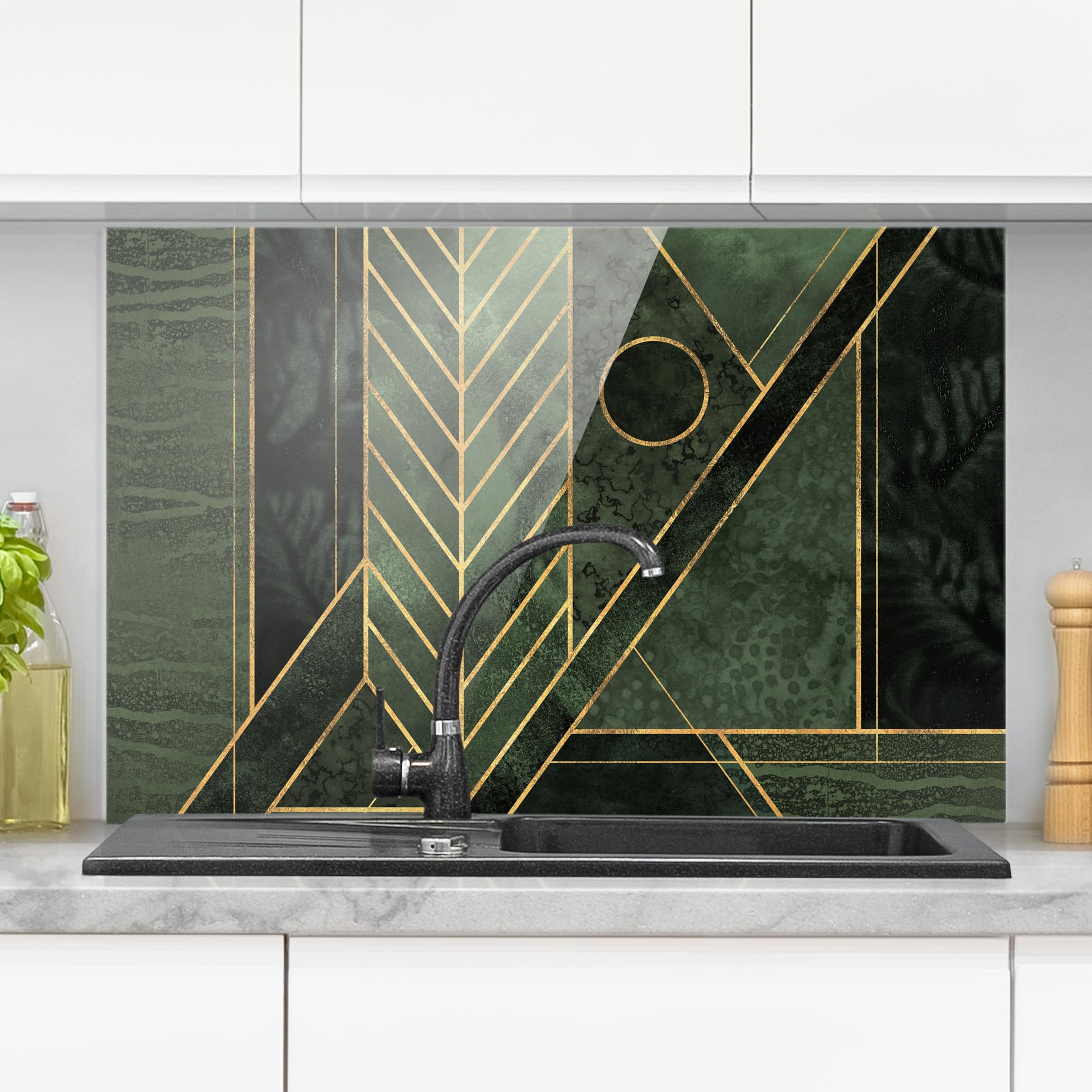 Glas Spritzschutz - Querformat 3:2 Geometrische Formen Smaragd Gold