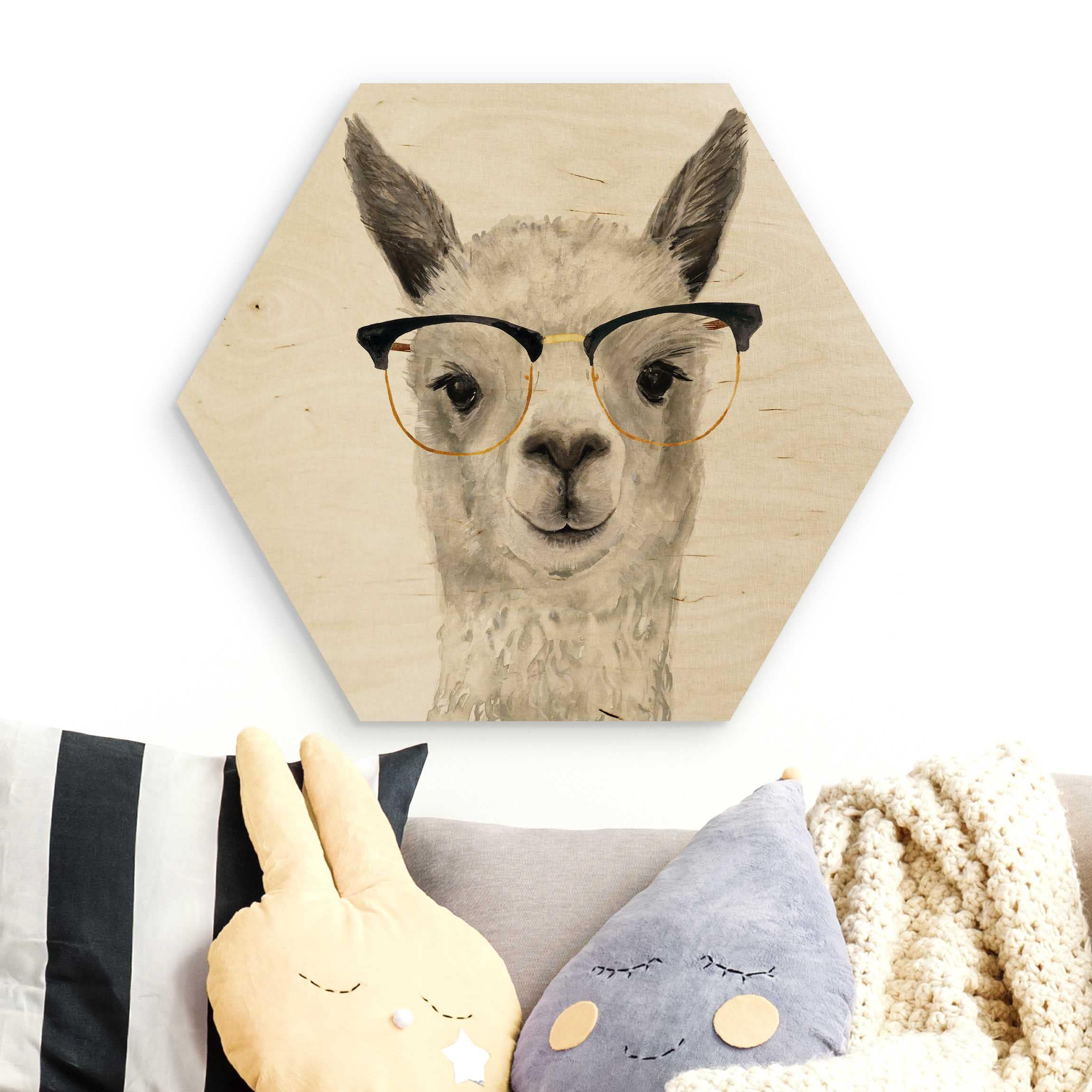 Hexagon-Holzbild Hippes Lama mit Brille I