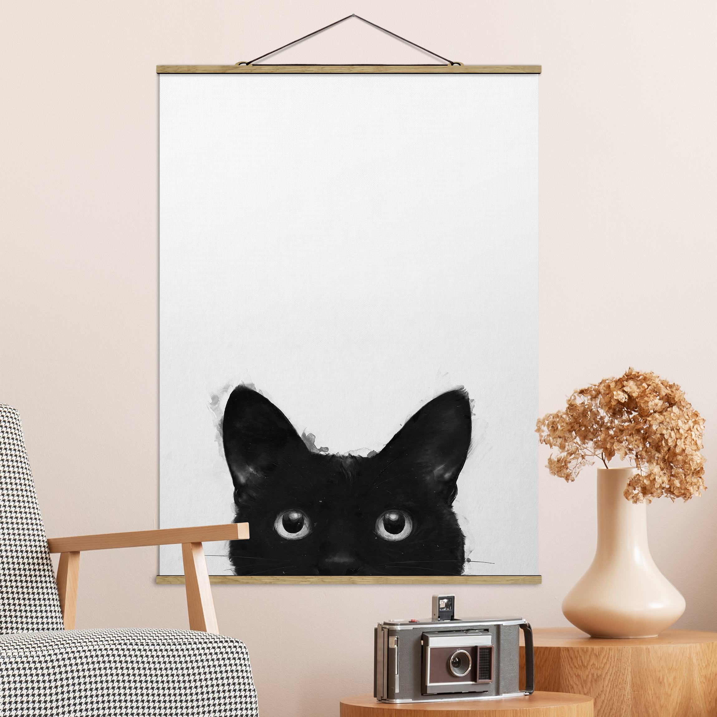 Stoffbild - Hochformat Illustration Schwarze Katze auf Weiß Malerei