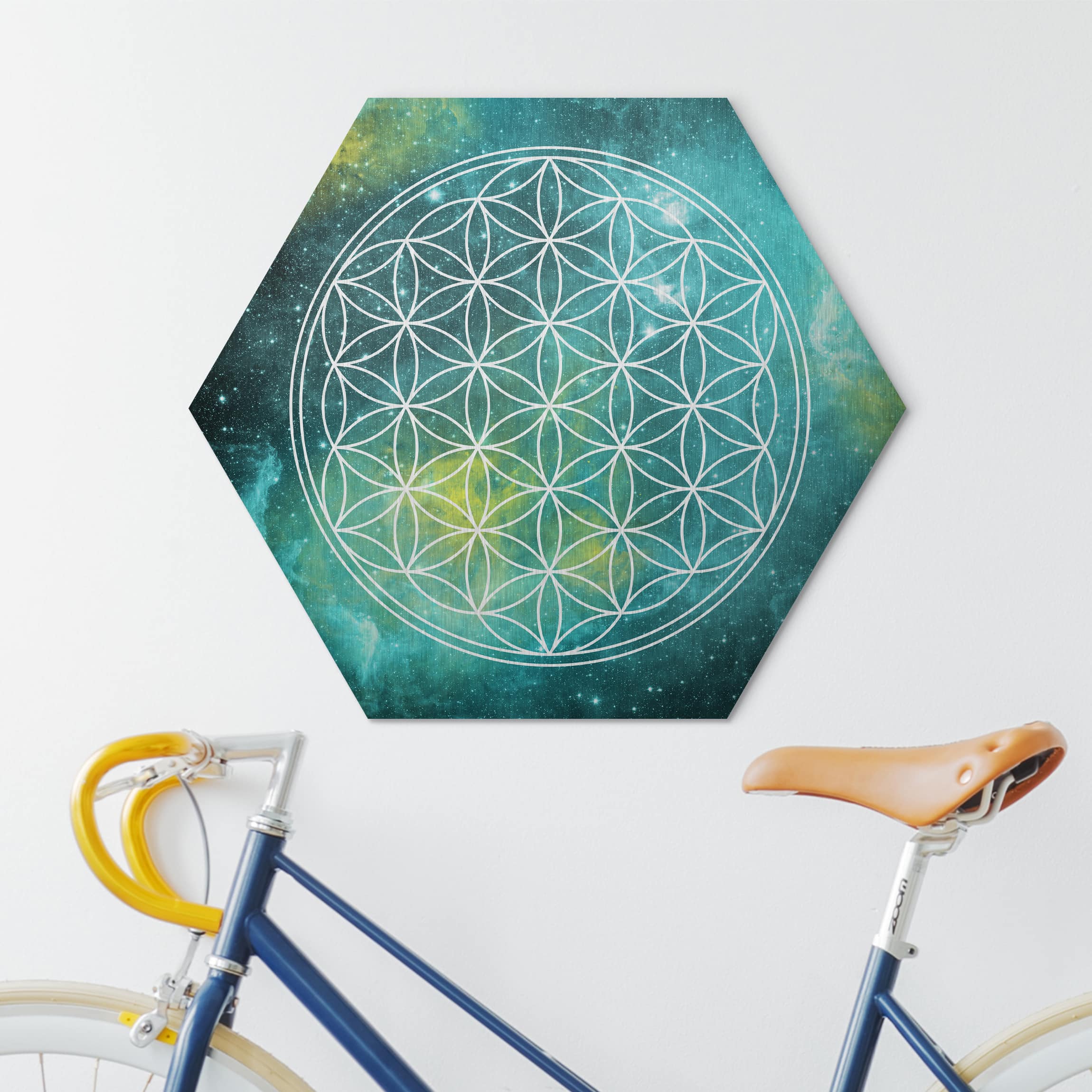 Hexagon-Alu-Dibond Bild Blume des Lebens im Licht der Sterne