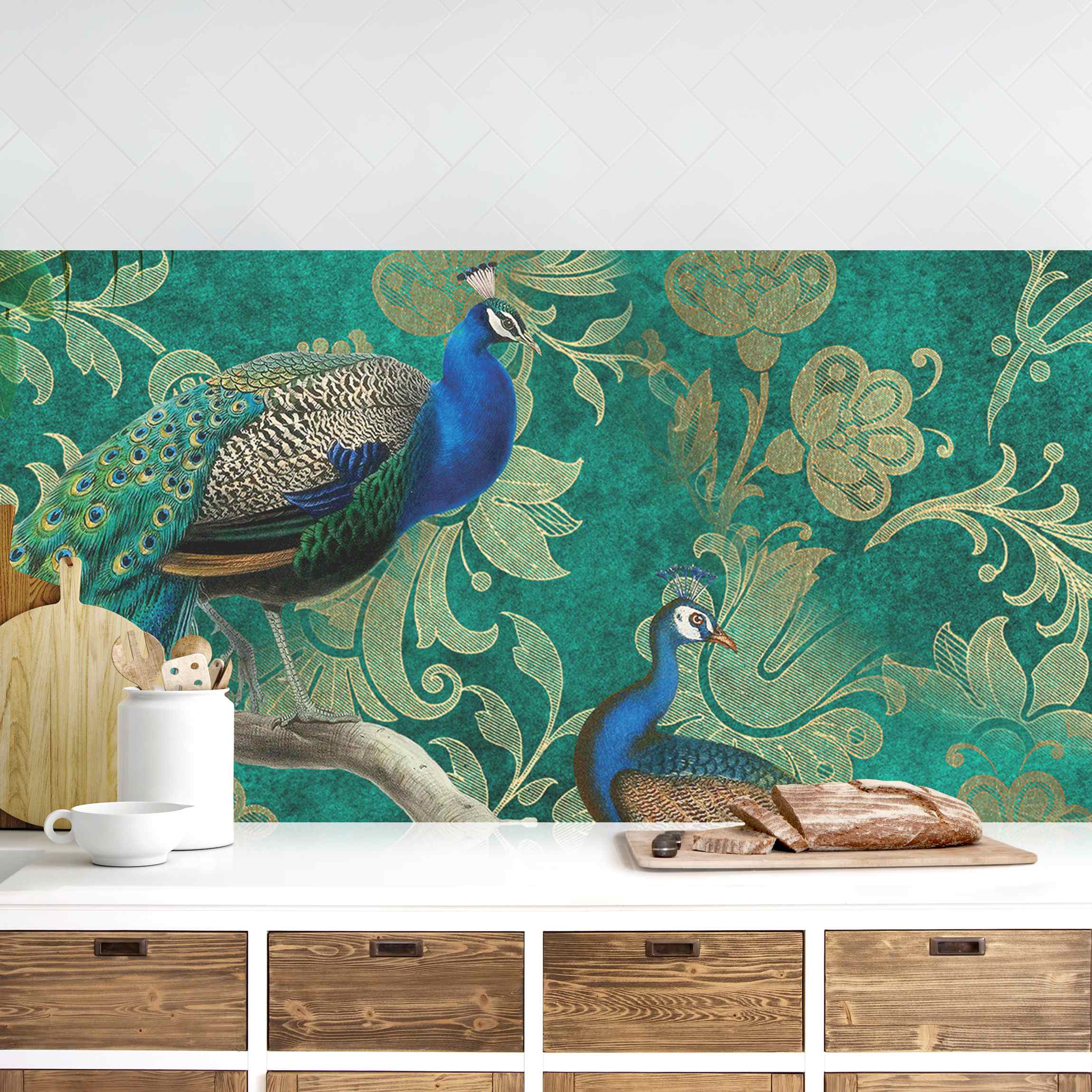 Küchenrückwand Shabby Chic Collage - Edler Pfau II