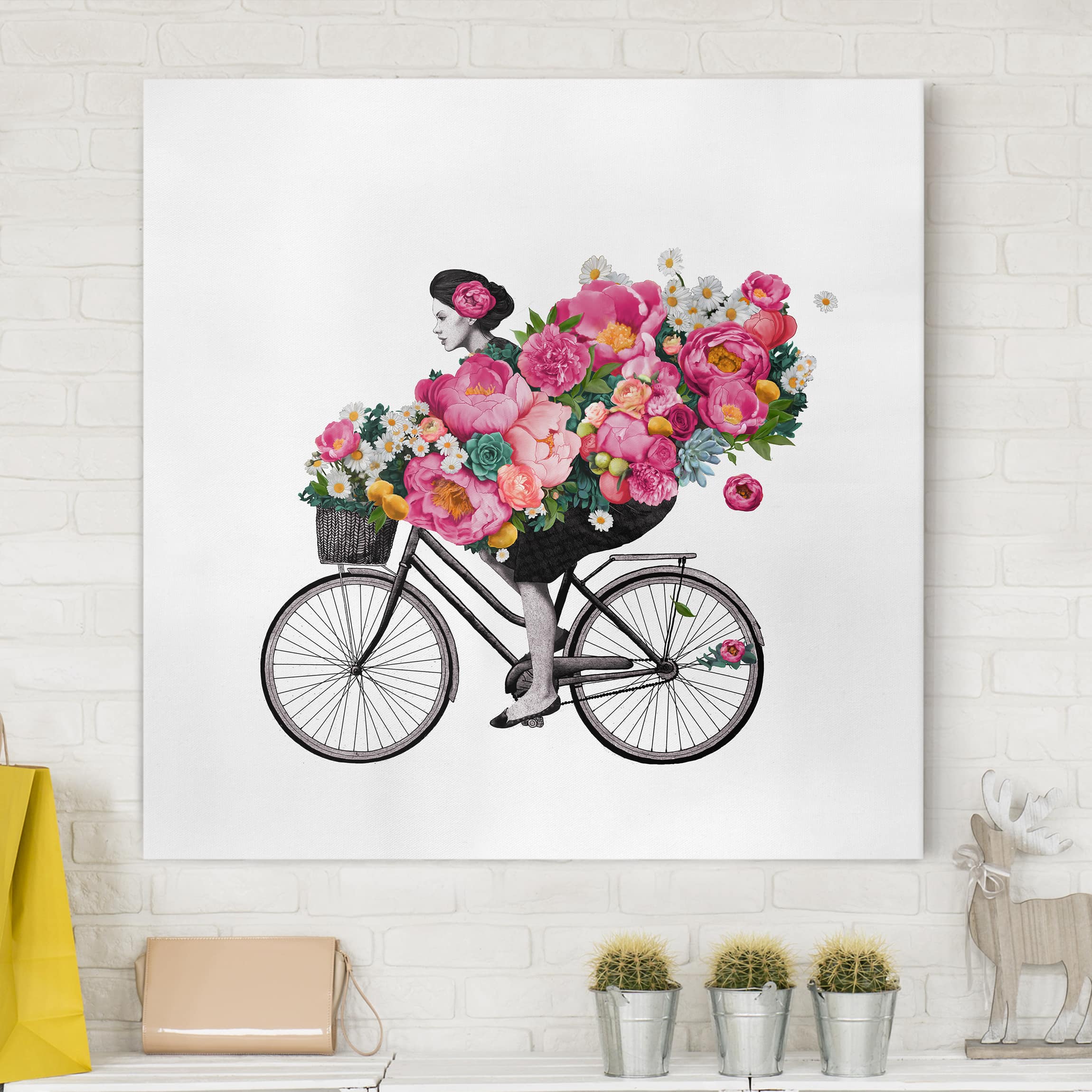 Leinwandbild - Quadrat Illustration Frau auf Fahrrad Collage bunte Blumen