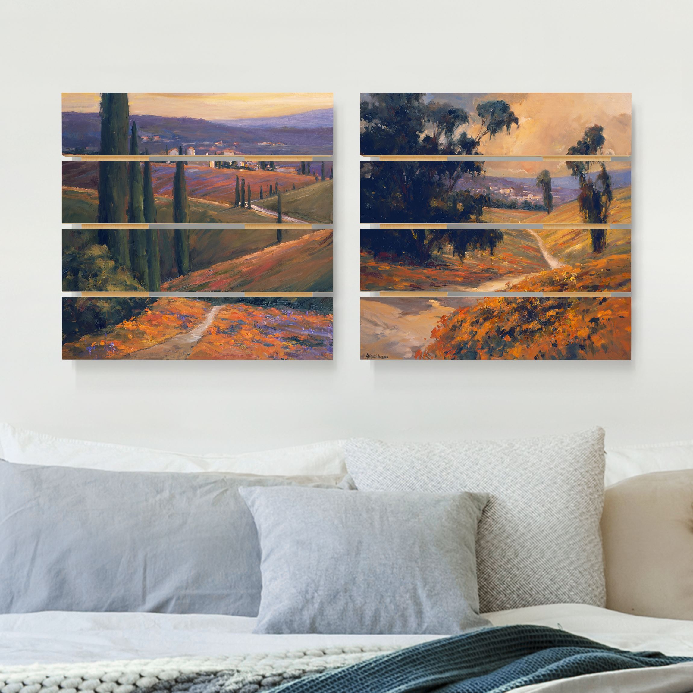 2-teiliges Holzbild Plankenoptik - Quadrat Landschaft am Nachmittag Set I