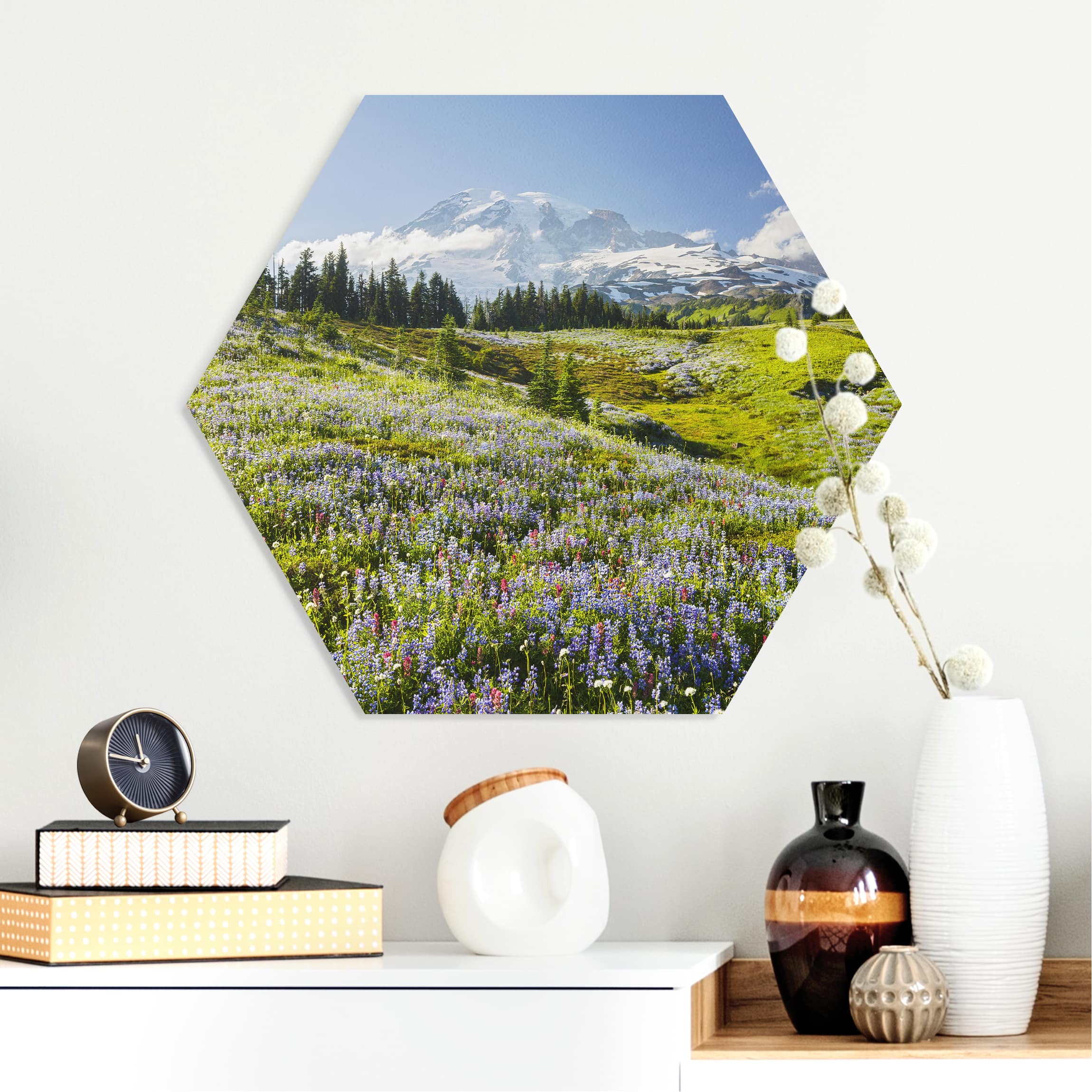 Hexagon-Forexbild Bergwiese mit roten Blumen vor Mt. Rainier